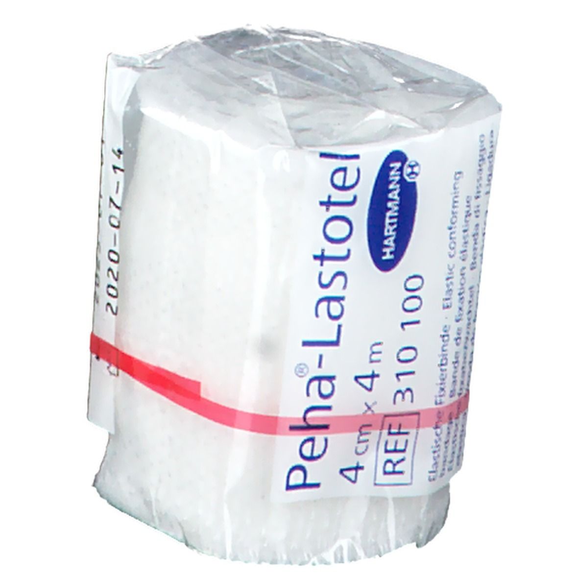 Bande de fixation élastique roulée et emballée. Nom du produit et marque visibles. Date de péremption : 2020-07-14.