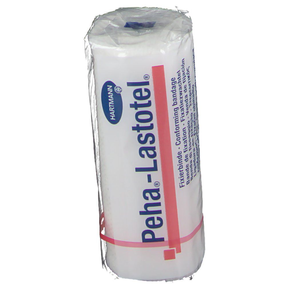 Bande de fixation Peha-Lastotel, roulée et emballée. Blanc avec bande rouge. Texte: Bande de fixation, Conforming bandage. Logo Hartmann.