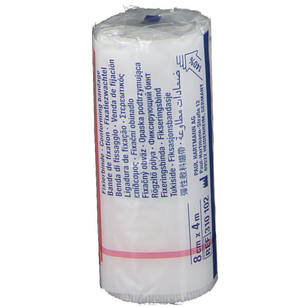 Bande de fixation roulée en film. Blanc avec bande rouge. Texte: 8 cm x 4 m, Bande de fixation, Conforming bandage. Logo Hartmann. CE.