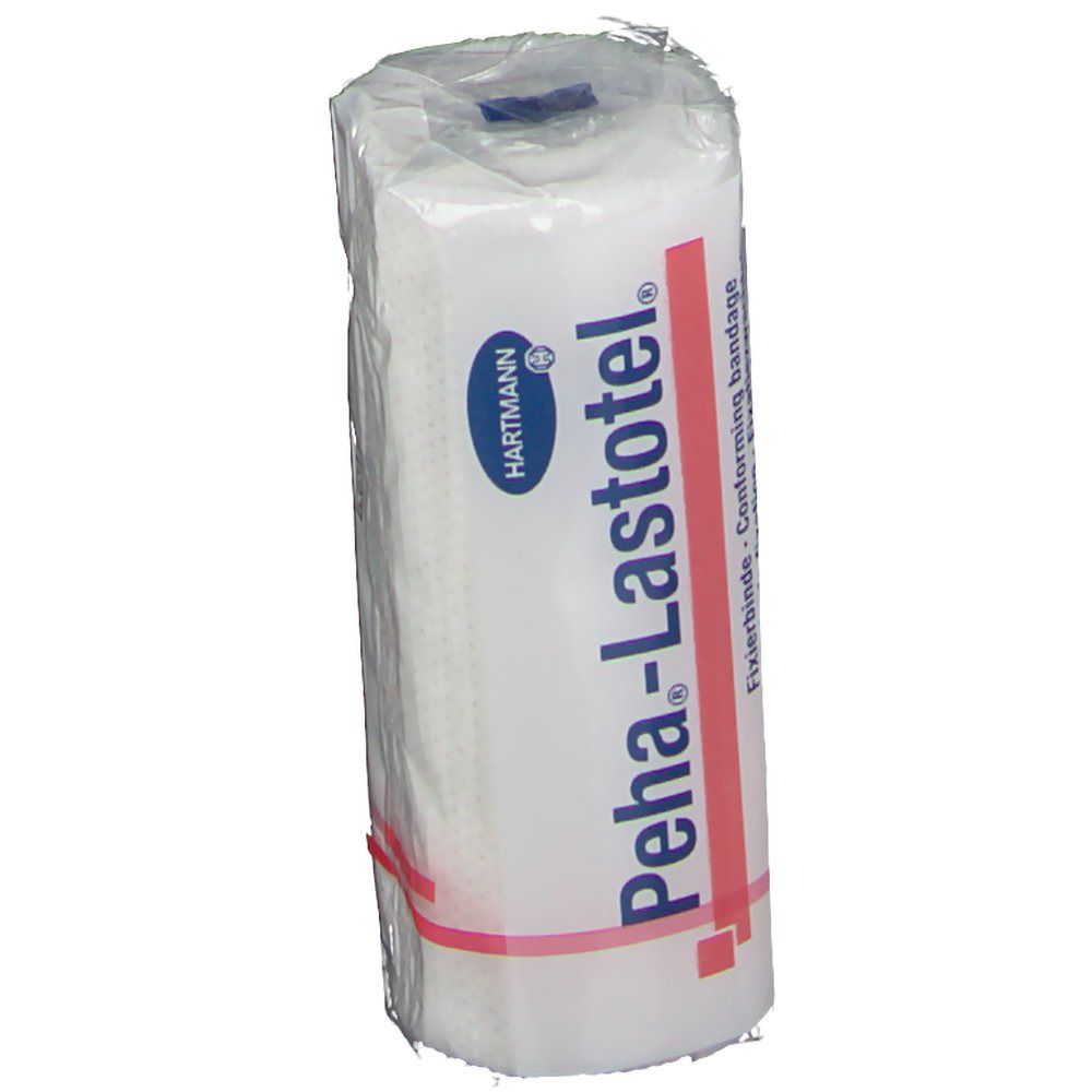 Bande de fixation Peha-Lastotel, roulée et emballée. Blanc avec bande rouge. Logo Hartmann. Texte: Bande de fixation, Conforming bandage.