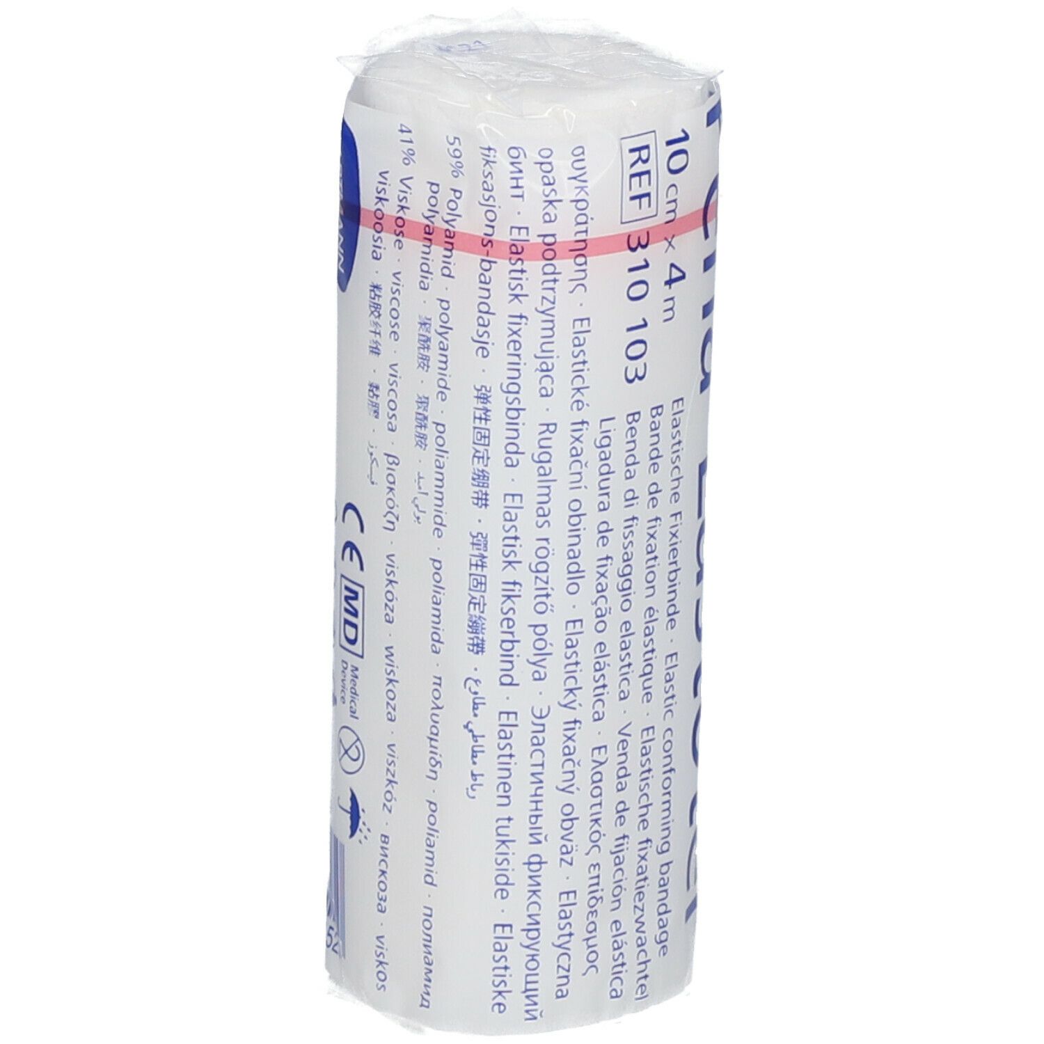 Bande de fixation élastique, 10 cm x 4 m, emballée dans du film. Informations produit et composition. Marquage CE.