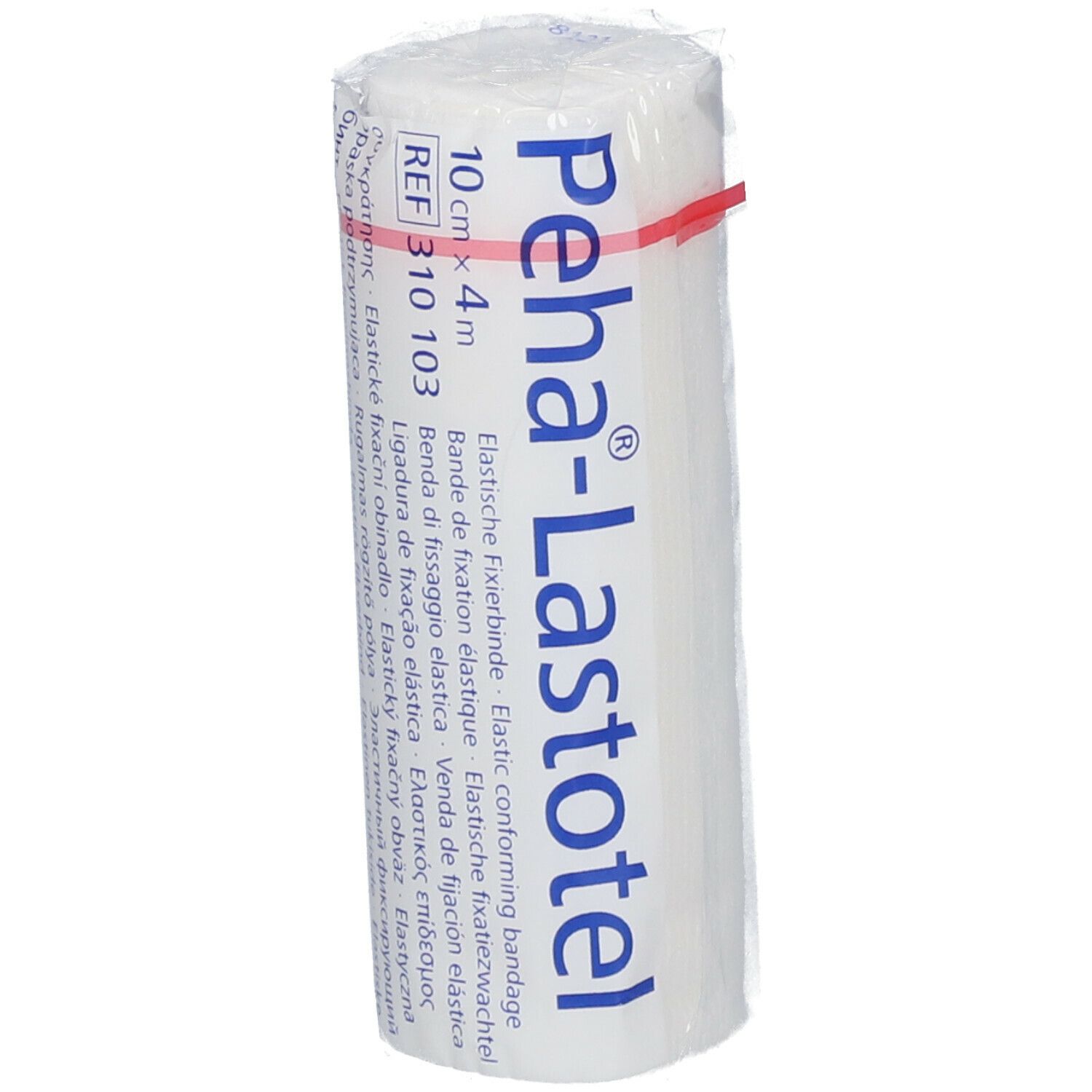 Bande de fixation élastique, 10 cm x 4 m, emballée dans du film plastique. Nom du produit : Peha-Lastotel. Bande rouge. Informations imprimées.