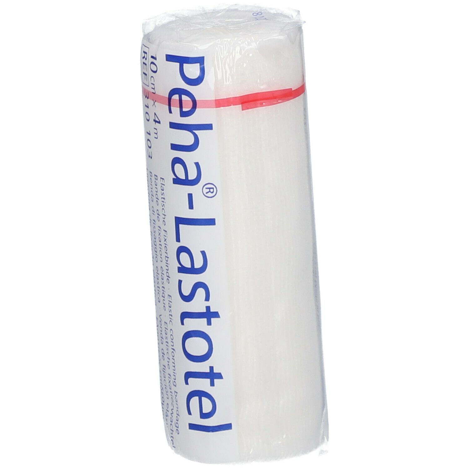 Bande de fixation élastique, 10 cm x 4 m, emballée dans du film plastique. Nom du produit : Peha-Lastotel. Bande rouge. Informations imprimées.