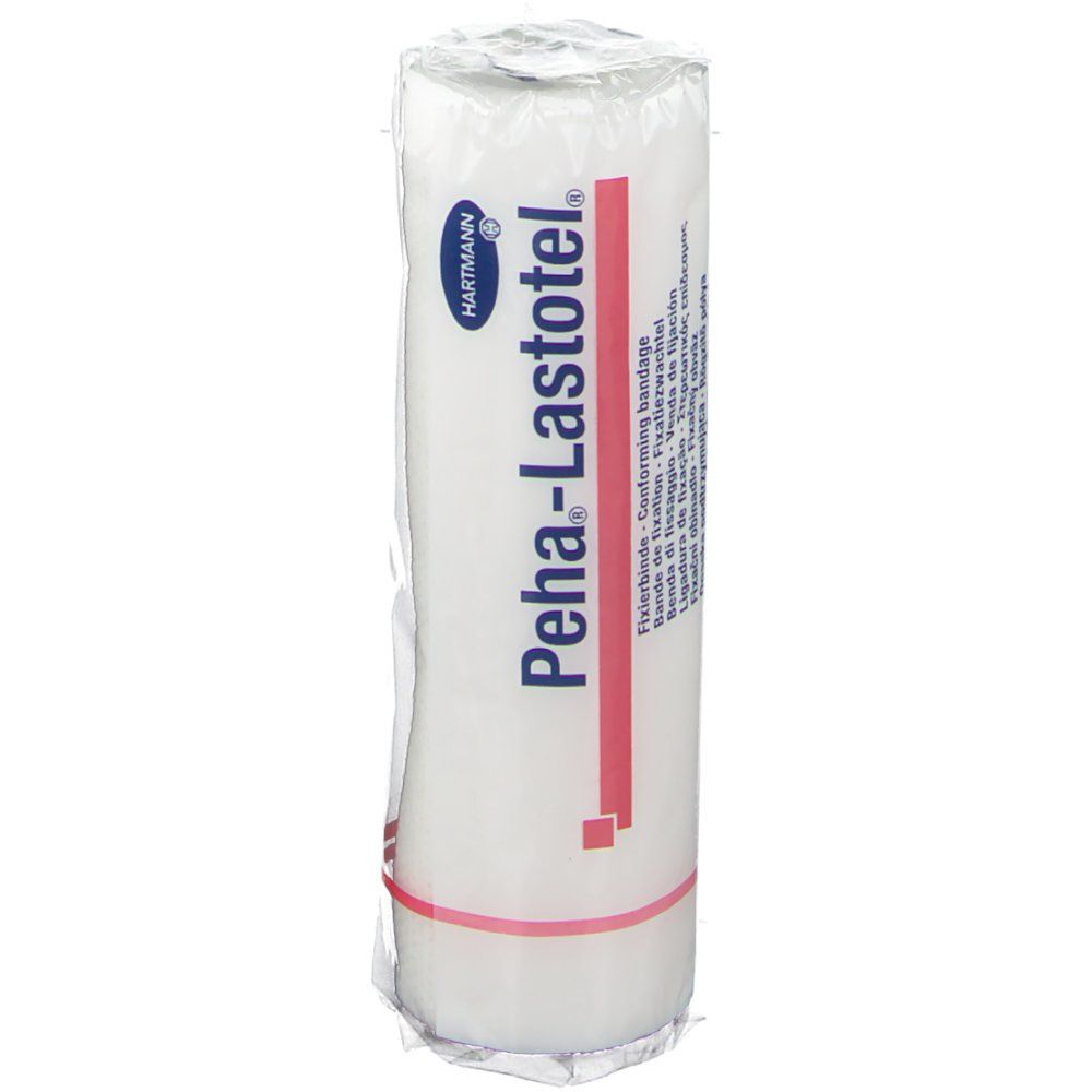 Fixierbinde Peha-Lastotel, weiß, gerollt in Folie. Roter Streifen. Hartmann Logo.