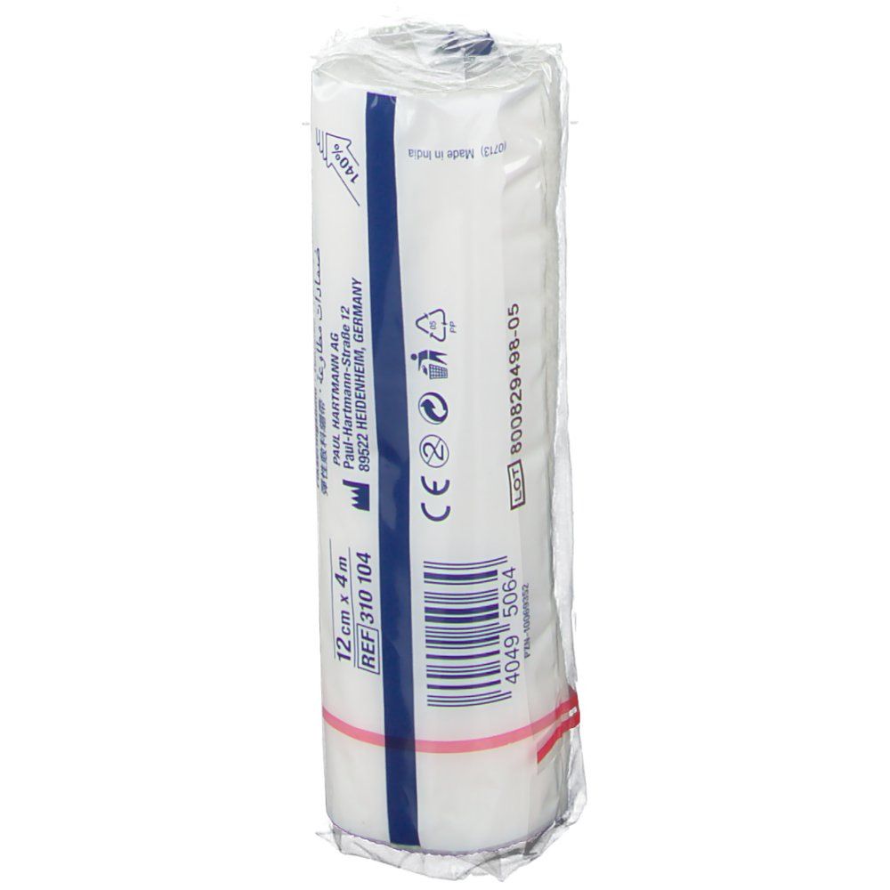 Gerollte Fixierbinde Peha-Lastotel, weiß, in Folie. Aufdrucke: 12 cm x 4 m, REF 310 104, Barcode, CE-Zeichen.