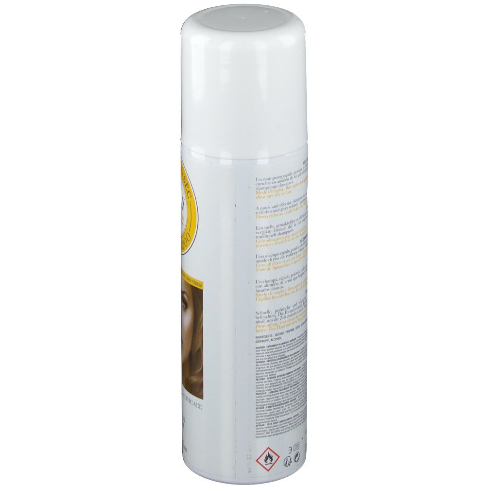 Weiße Sprühflasche mit gelben Akzenten. Aufschrift: Vitry Dry Shampoo. Seitenansicht.