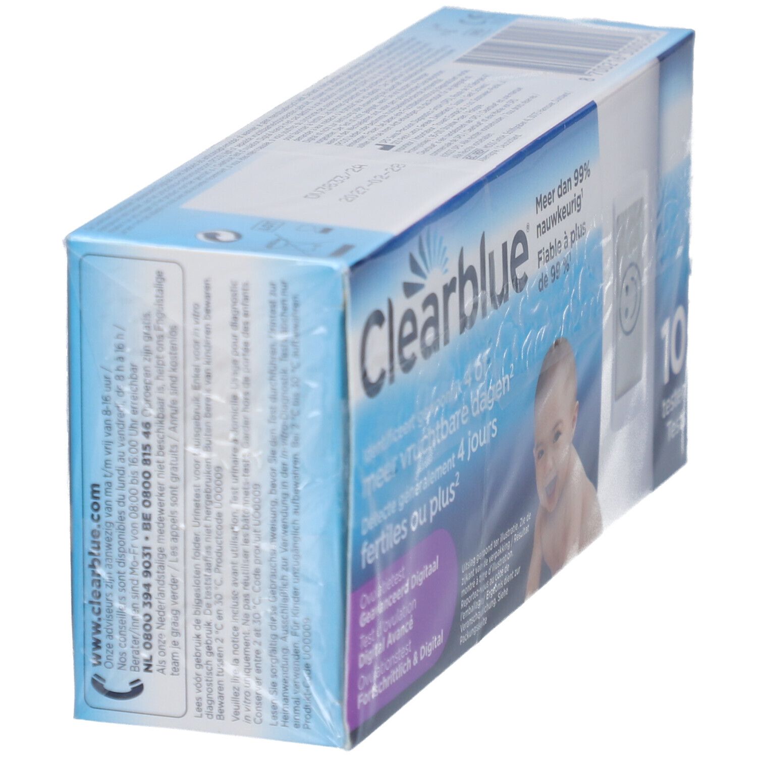 Verpackung Clearblue Ovulationstest, schräg. Enthält 10 Tests. Aufgedruckt: Mehr als 99% genau. Baby-Foto.