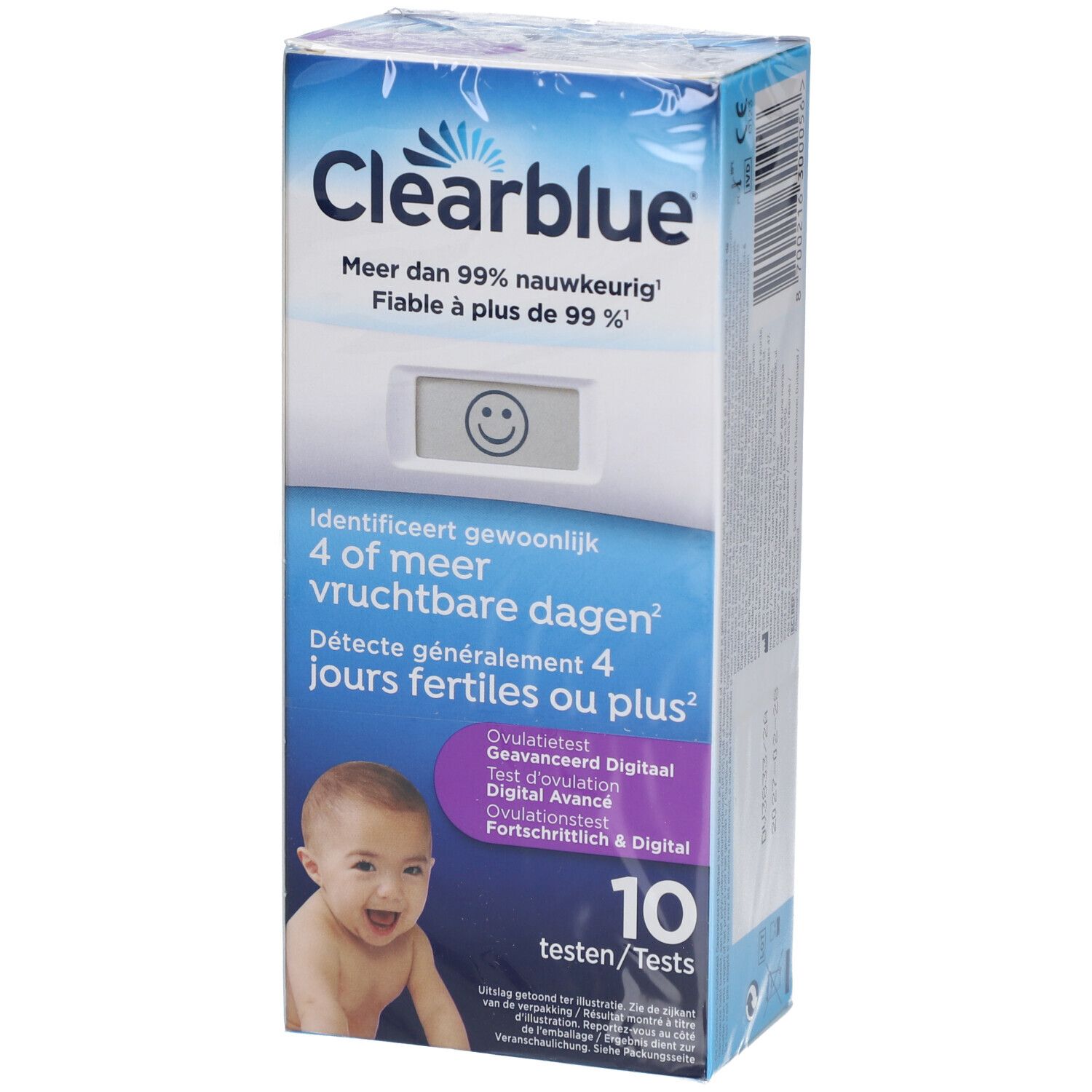 Verpackung Clearblue Ovulationstest. Enthält 10 Tests. Aufgedruckt: Mehr als 99% genau. Baby-Foto.