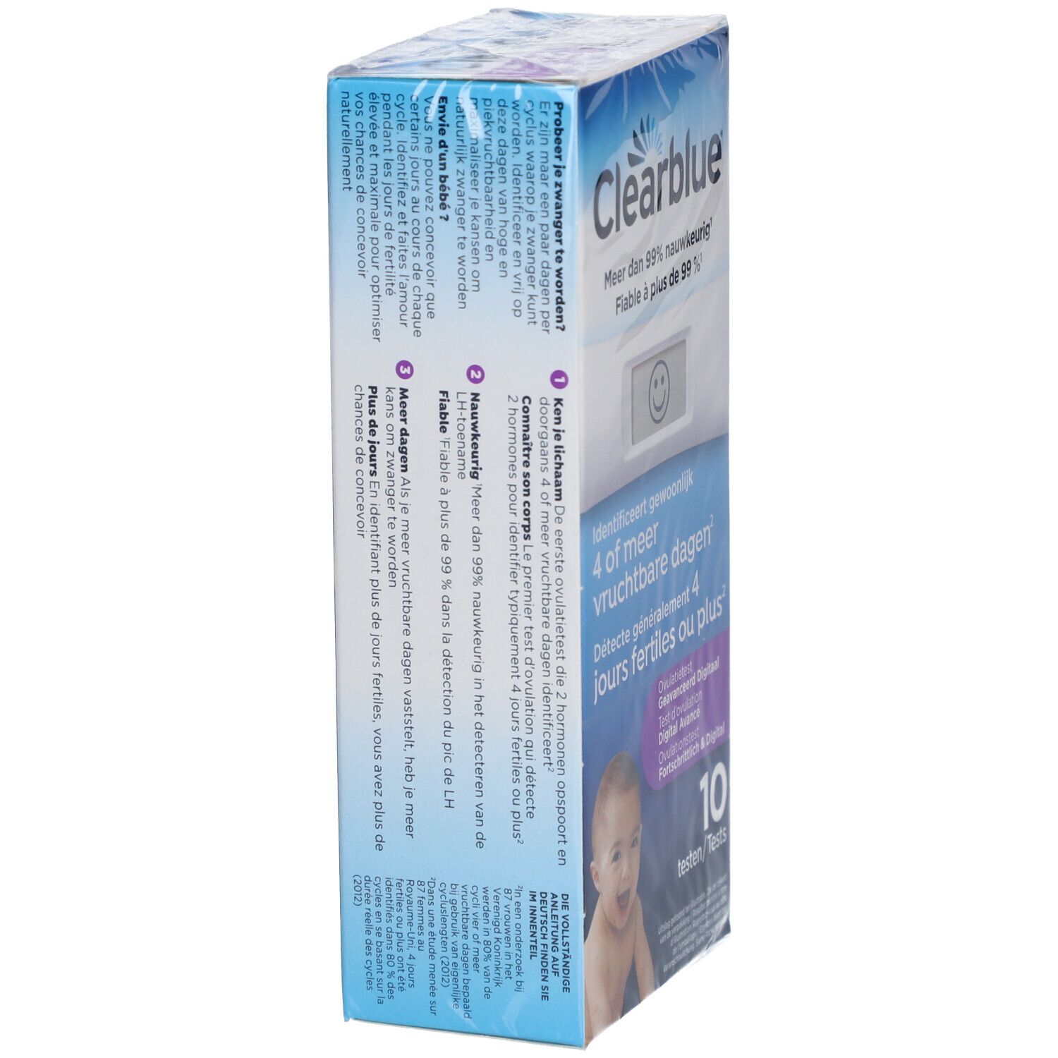 Verpackung Clearblue Ovulationstest, schräg. Enthält 10 Tests. Aufgedruckt: Mehr als 99% genau. Baby-Foto.