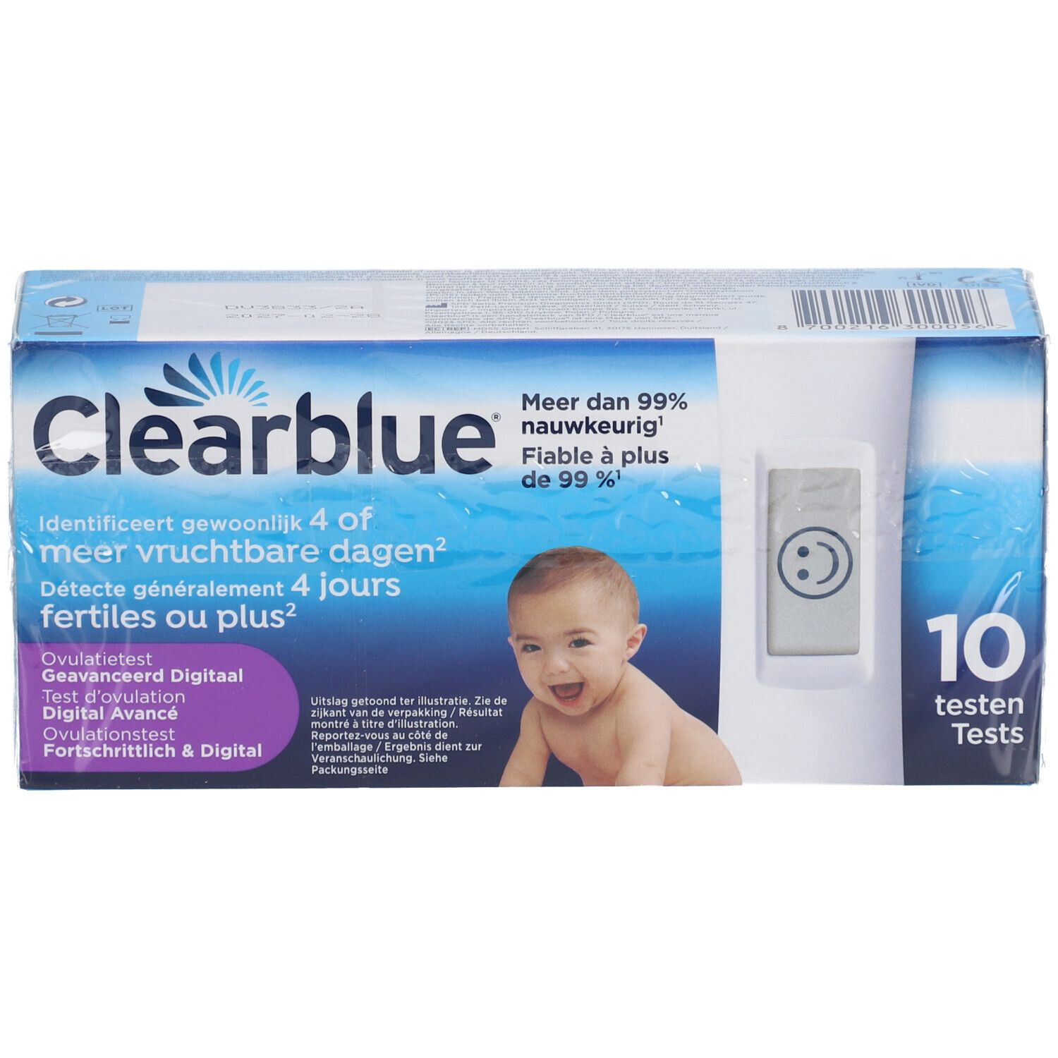 Verpackung Clearblue Ovulationstest. Enthält 10 Tests. Aufgedruckt: Mehr als 99% genau. Baby-Foto.