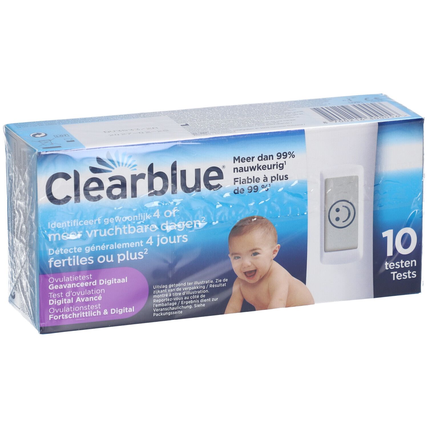 Verpackung Clearblue Ovulationstest. Enthält 10 Tests. Aufgedruckt: Mehr als 99% genau. Baby-Foto.