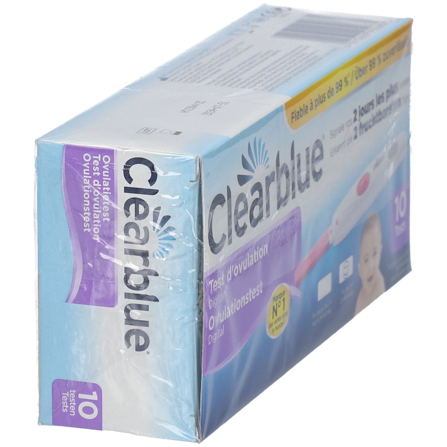 Vue en biais de la boîte de test d'ovulation Clearblue Digital. Inscription : "Test d'ovulation Digital". Contient 10 tests.