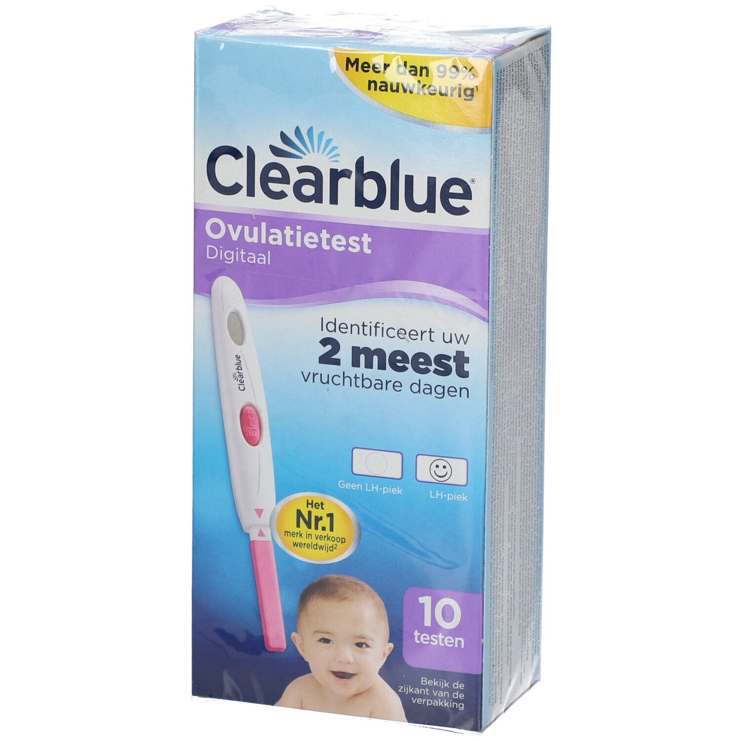 Boîte de test d'ovulation Clearblue Digitaal. Contient 10 tests. Inscription : "Identificeert uw 2 meest vruchtbare dagen".