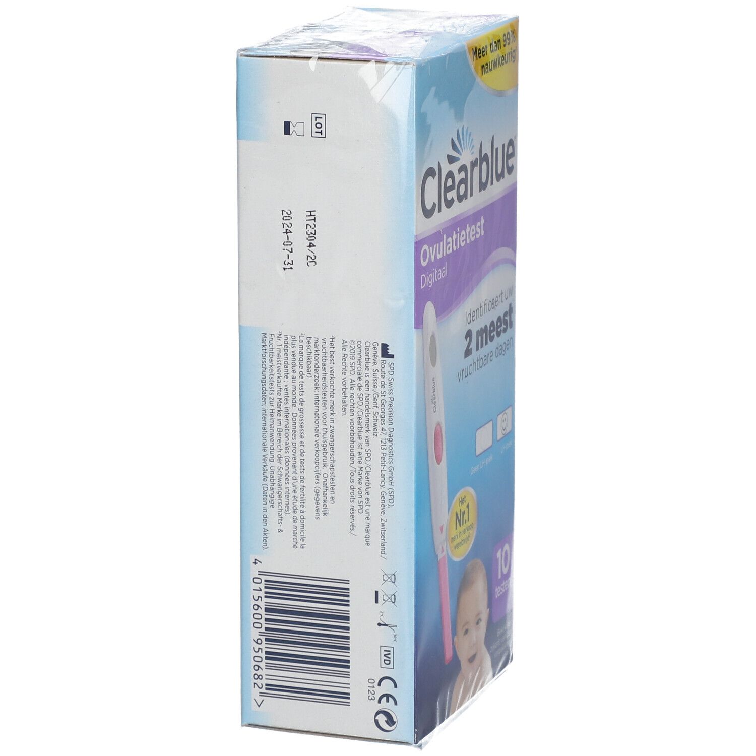 Dos de la boîte de test d'ovulation Clearblue Digital. Contient des informations et un code-barres. Inscription : "Test d'ovulation Digital".