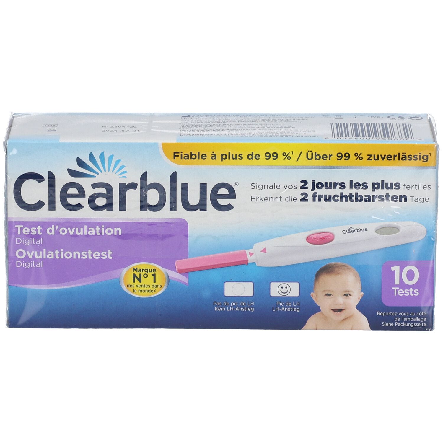 Boîte de test d'ovulation Clearblue Digital. Contient 10 tests. Inscription : "Fiable à plus de 99 % / Über 99 % zuverlässig".