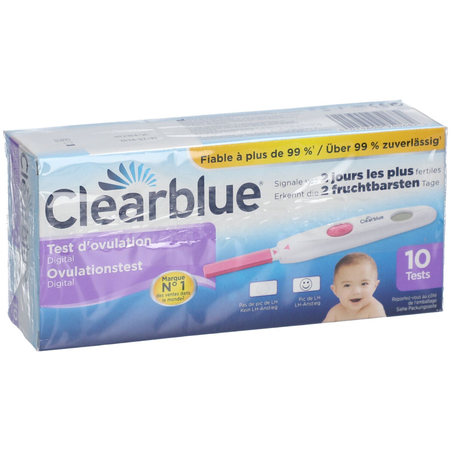 Boîte de test d'ovulation Clearblue Digital. Contient 10 tests. Inscription : "Test d'ovulation Digital".