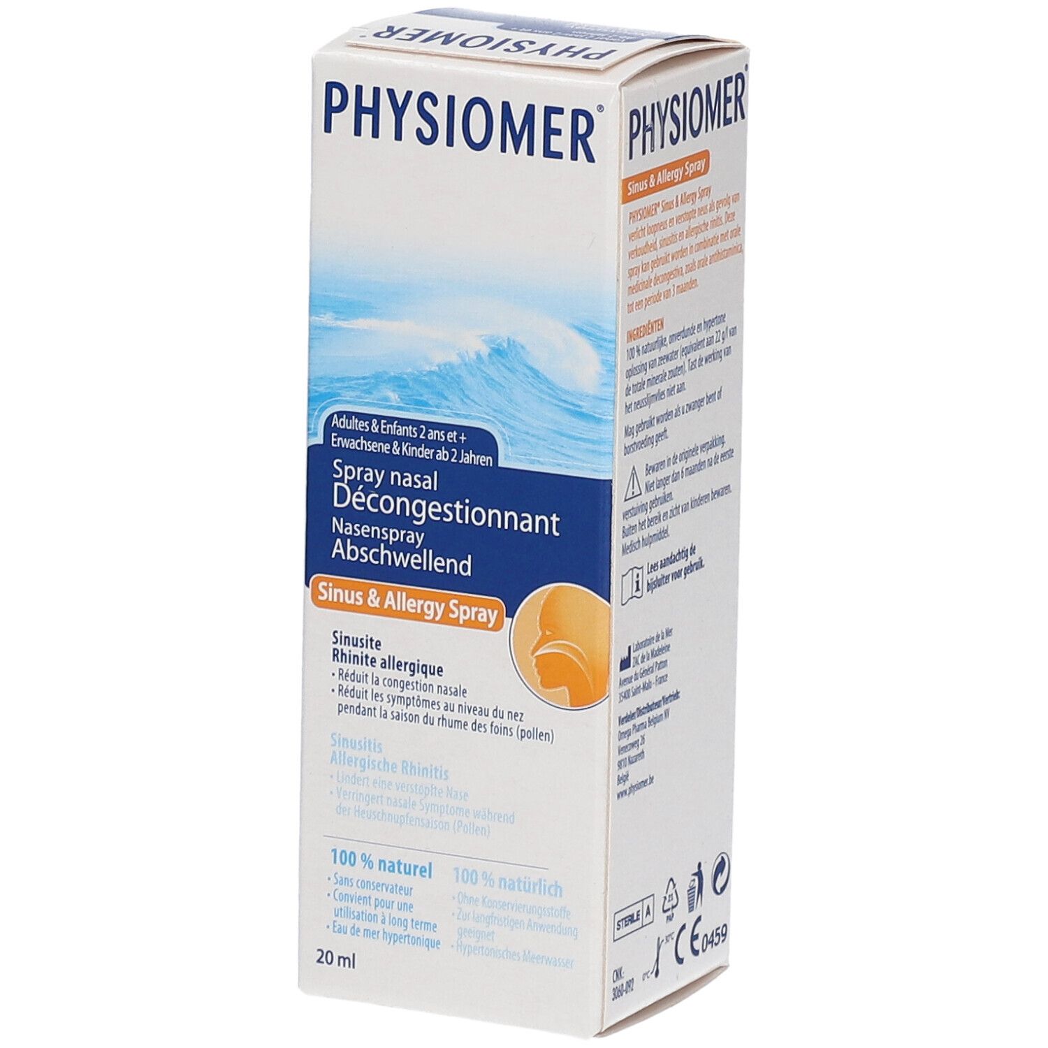 PHYSIOMER Sinus & Allergy Spray. Boîte avec informations produit. Inscription : Spray nasal décongestionnant, 20 ml.