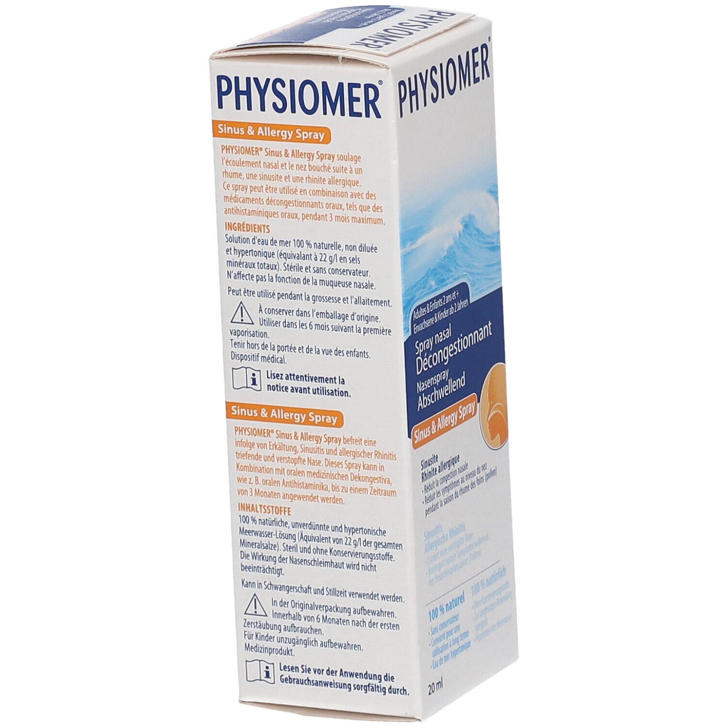 PHYSIOMER Sinus & Allergy Spray. Boîte avec informations produit. Inscription : Spray nasal décongestionnant, 20 ml.