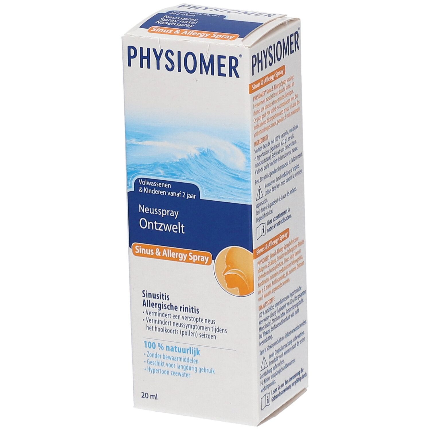 PHYSIOMER Sinus & Allergy Spray. Boîte avec informations produit. Inscription : Spray nasal décongestionnant, 20 ml.