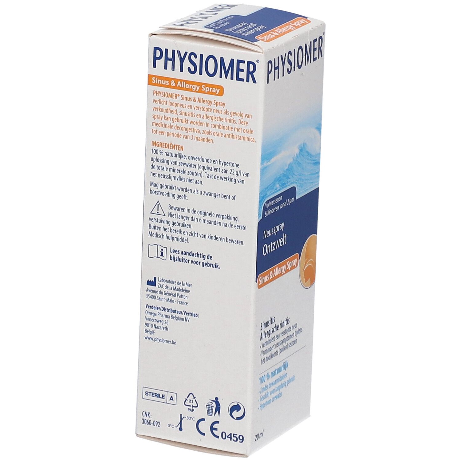 PHYSIOMER Sinus & Allergy Spray. Boîte avec informations produit. Inscription : Spray nasal décongestionnant, 20 ml.
