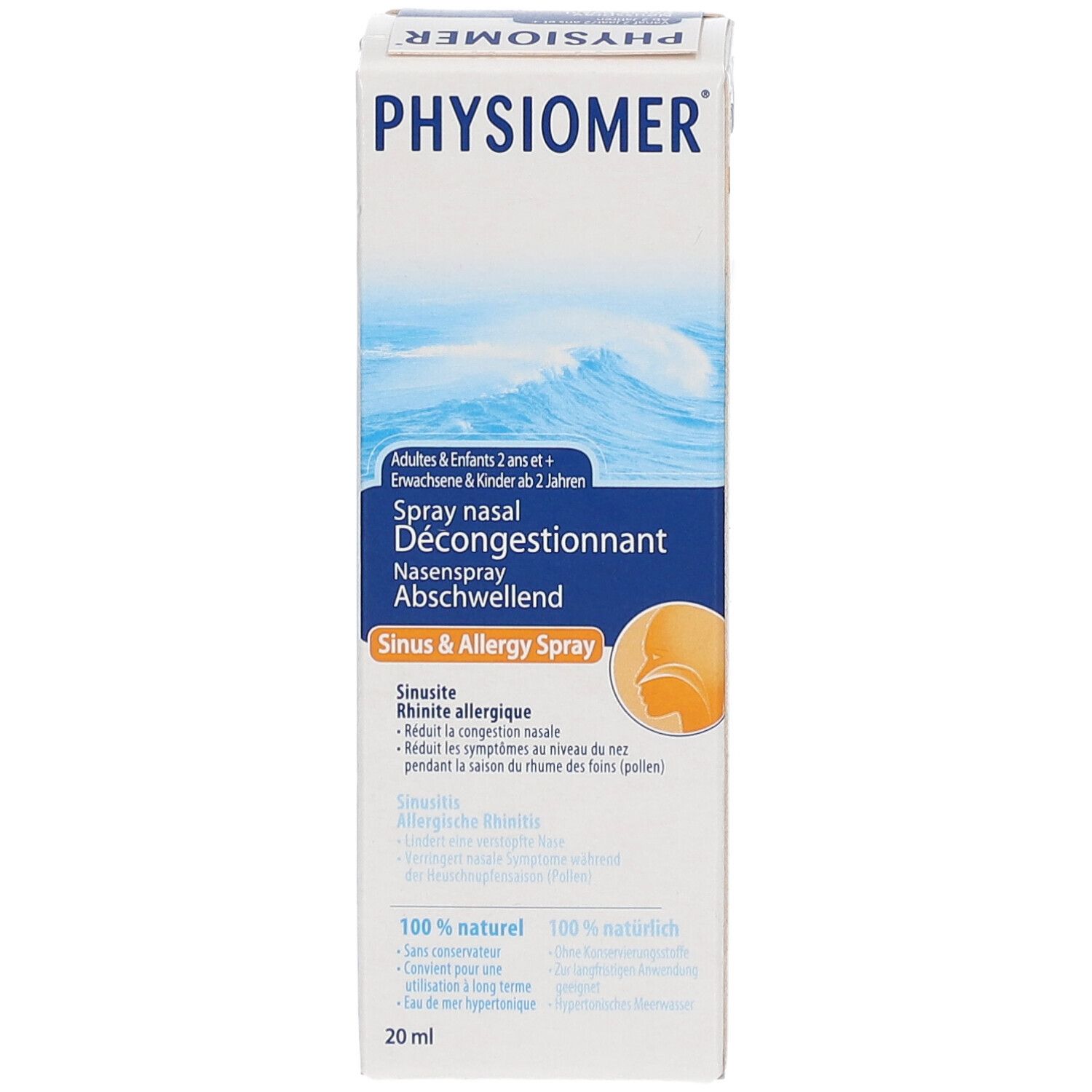 PHYSIOMER Sinus & Allergy Spray. Boîte avec informations produit. Inscription : Spray nasal décongestionnant, 20 ml.