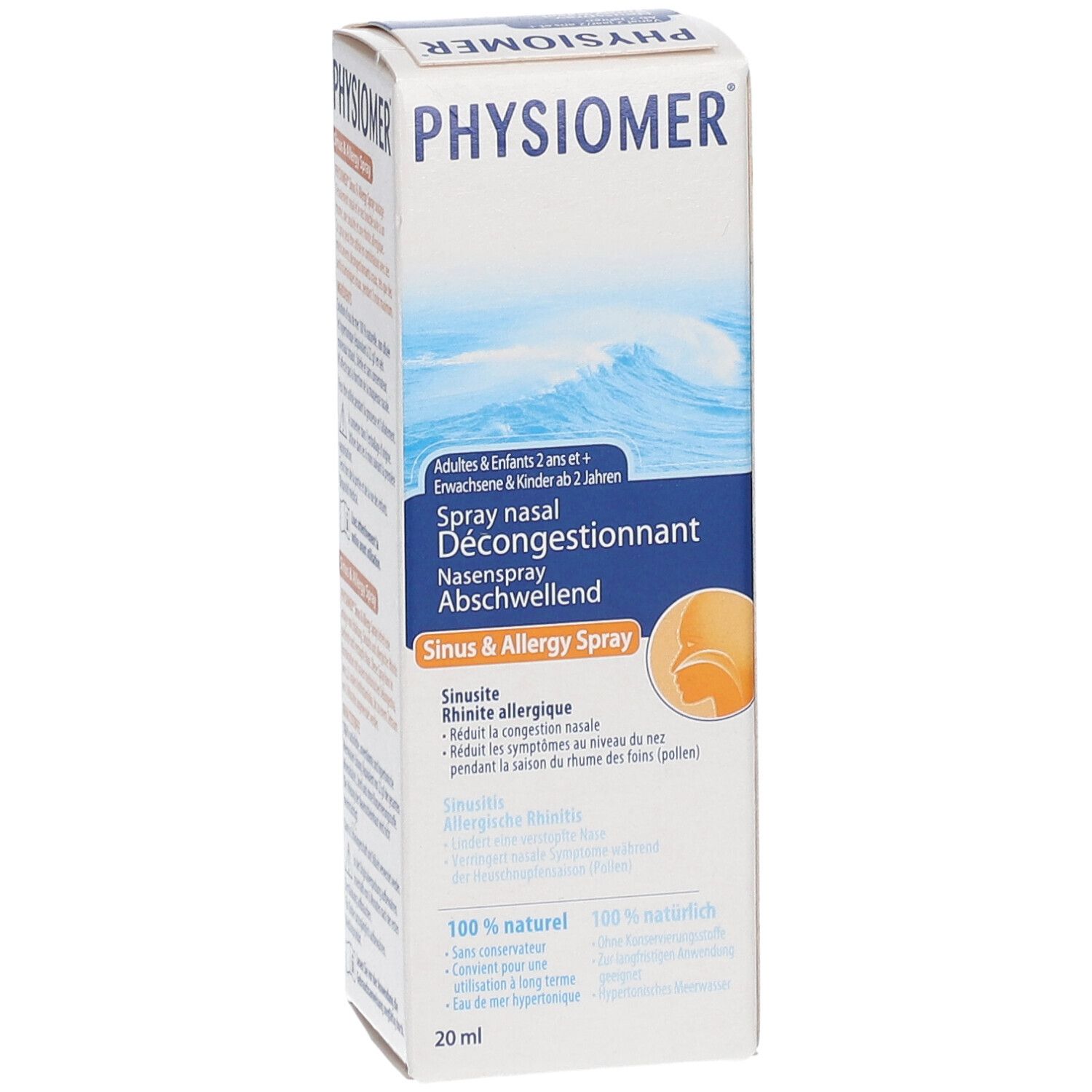 PHYSIOMER Sinus & Allergy Spray. Boîte avec informations produit. Inscription : Spray nasal décongestionnant, 20 ml.