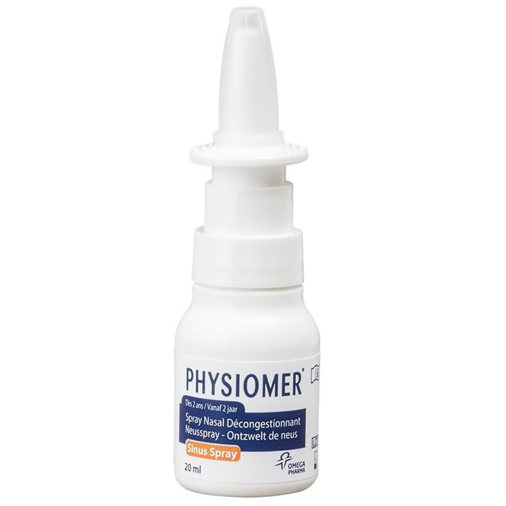 PHYSIOMER Spray Nasal Décongestionnant. Flacon blanc avec spray. Inscription : Spray Nasal Décongestionnant, 20 ml.