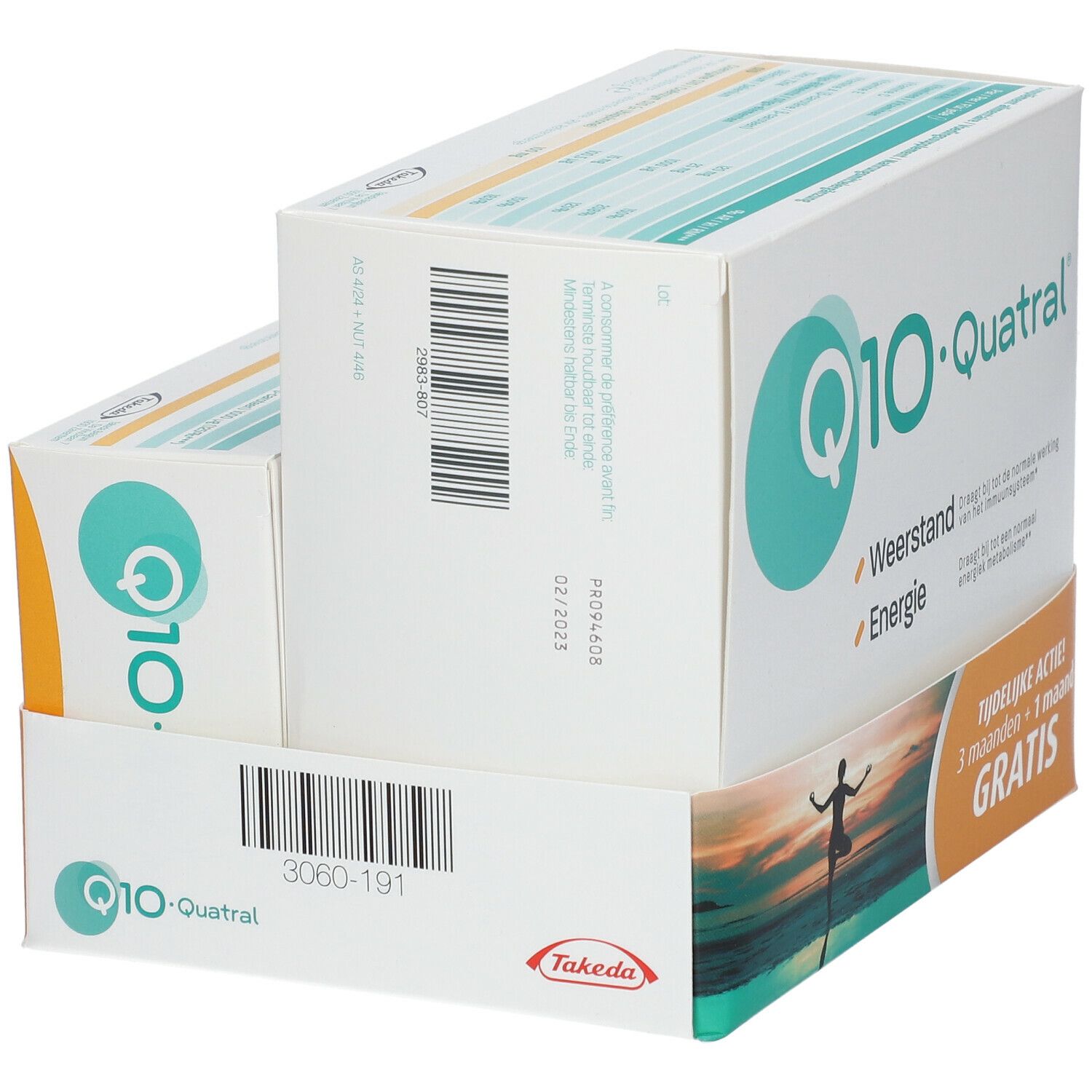 Deux boîtes de Q10 Quartal® dans un présentoir. Inscriptions : Q10 Quartal®, Weerstand, Energie, Action temporaire ! 3 mois + 1 mois GRATUIT. Logo : Takeda.
