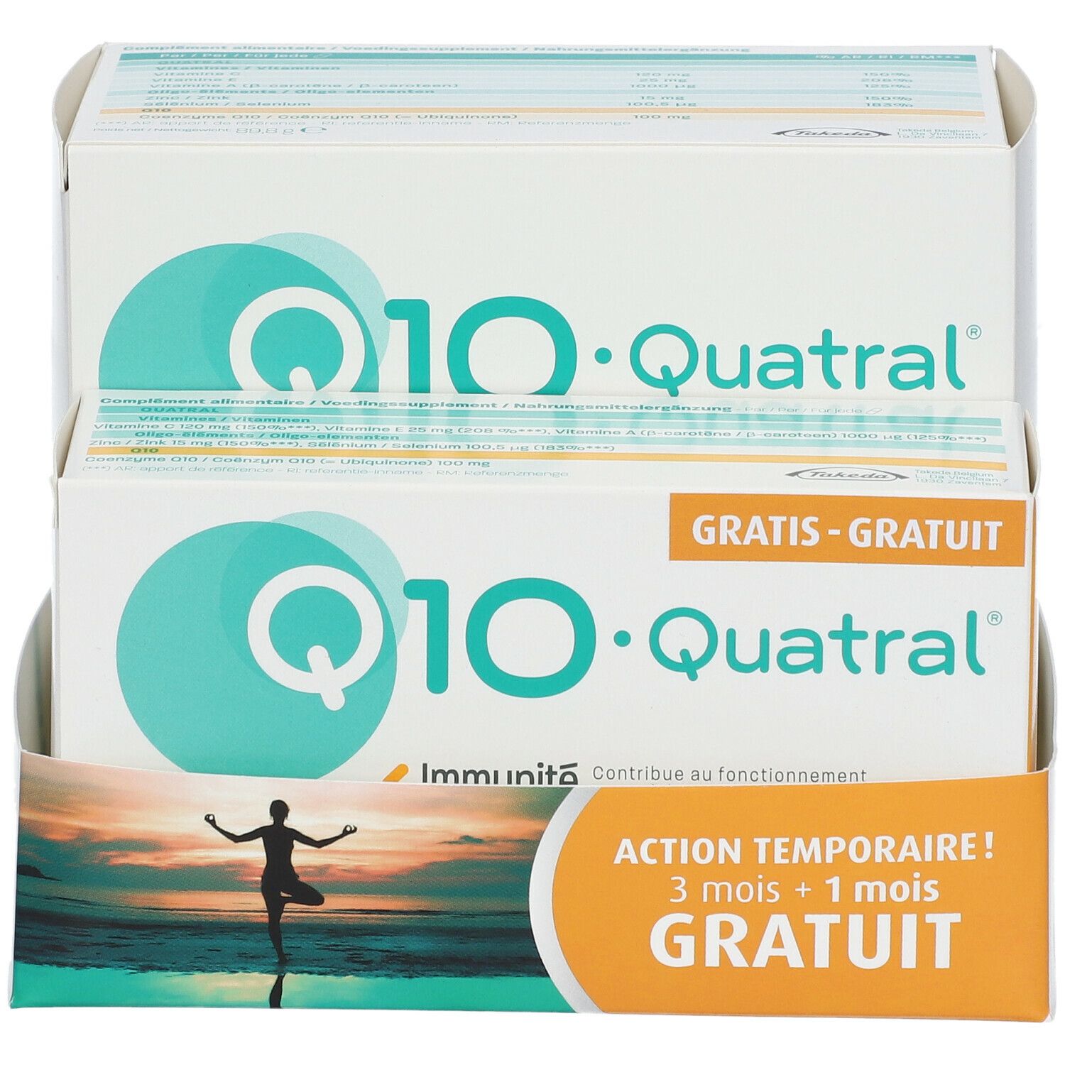 Deux boîtes de Q10 Quartal® dans un présentoir. Inscriptions : Q10 Quartal®, offre gratuite, 3+1 gratuit. Fond : silhouette au bord de la mer.