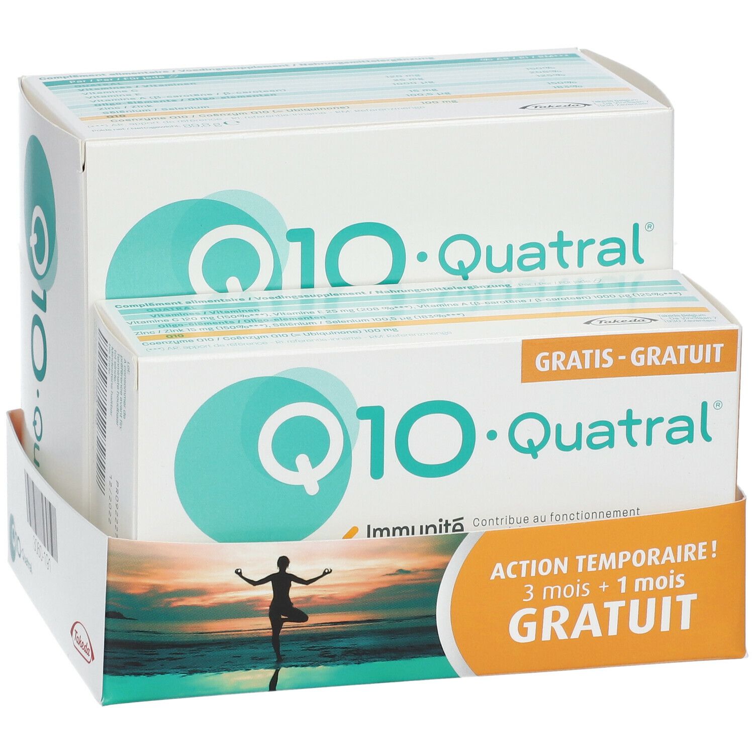 Deux boîtes de Q10 Quartal® dans un présentoir. Inscriptions : Q10 Quartal®, offre gratuite, 3+1 gratuit. Fond : silhouette au bord de la mer.