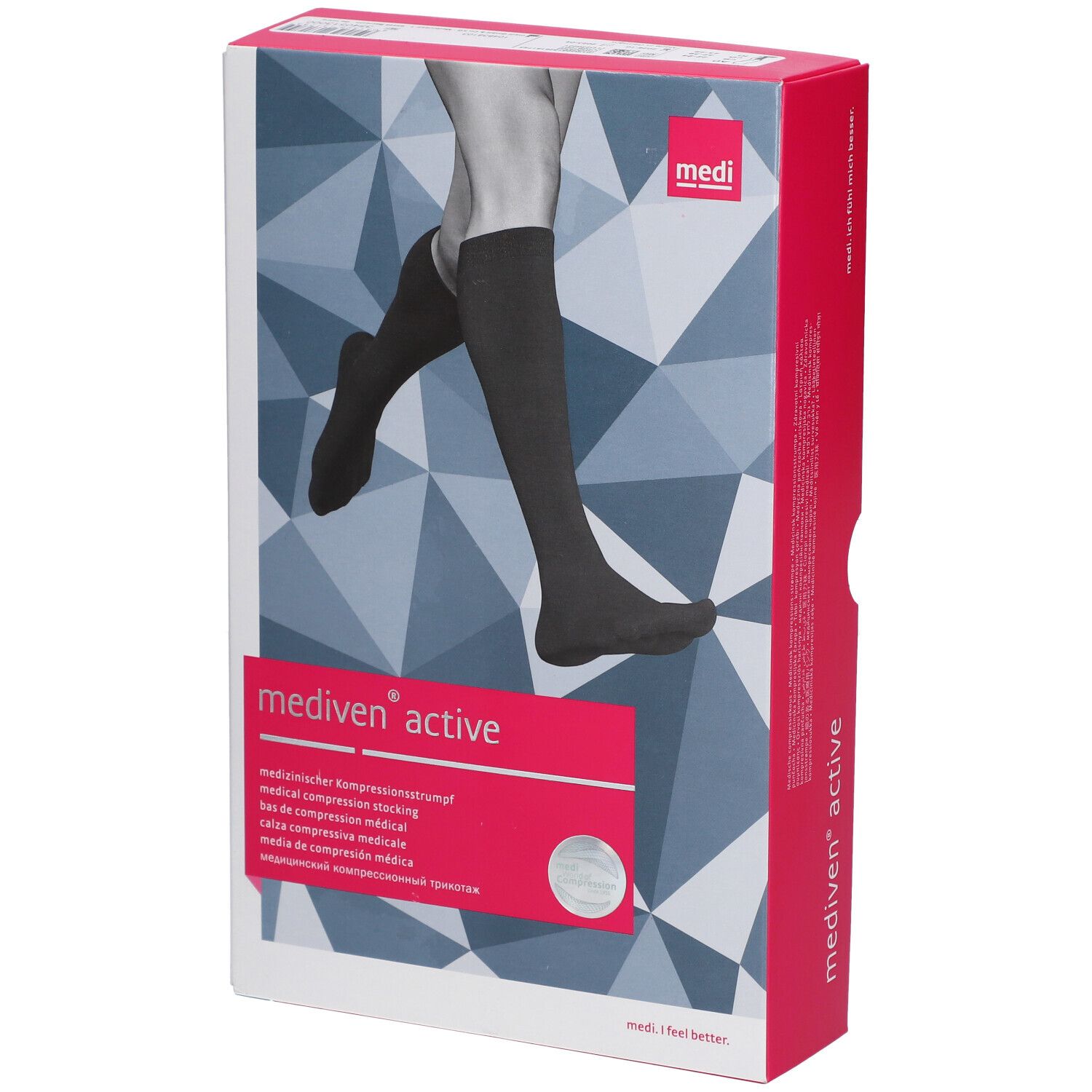 Verpakking met compressiekousen. Opschrift: mediven active, been met kous. Roze accent. Meertalige productbeschrijving.