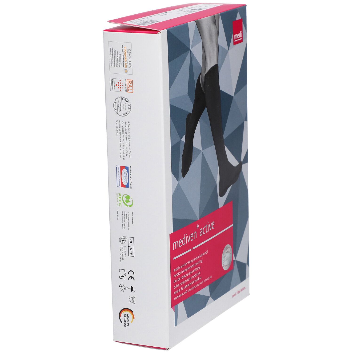 Zijaanzicht van de verpakking. Opschrift: mediven active. Logo's en certificeringen. Roze accent. Been met kous afgebeeld.