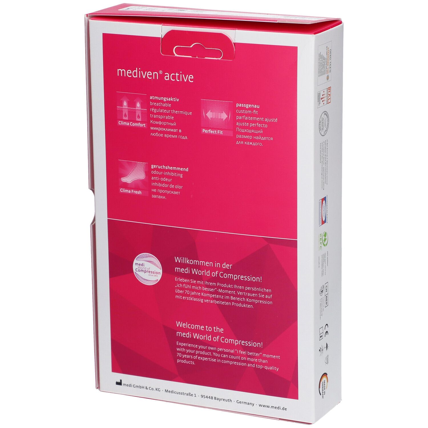 Achterkant van de verpakking. Opschrift: mediven active. Productkenmerken en logo's. Roze achtergrond. Tekst in het Duits en Engels.