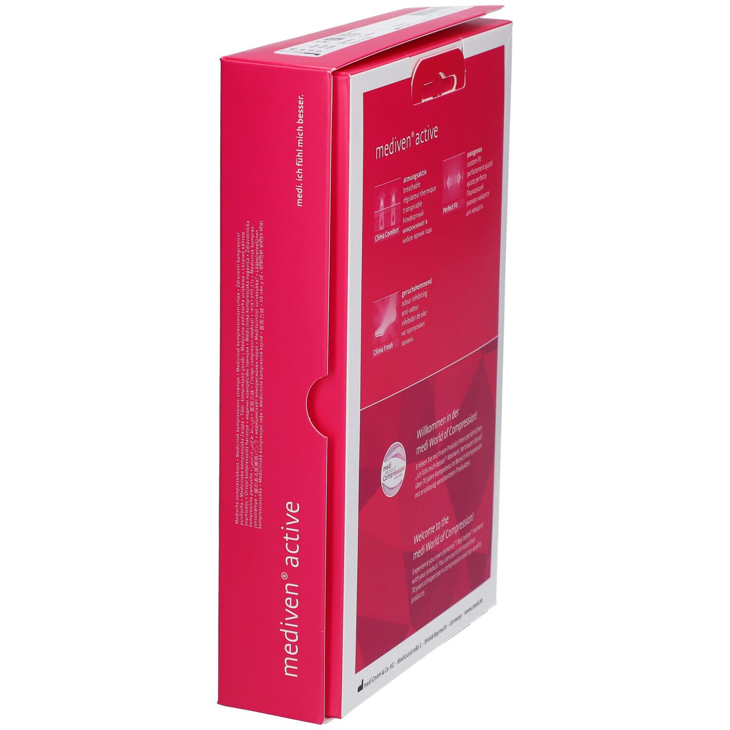 Zijaanzicht van de verpakking. Opschrift: mediven active. Roze accent. Tekst en logo's. Productkenmerken afgebeeld.
