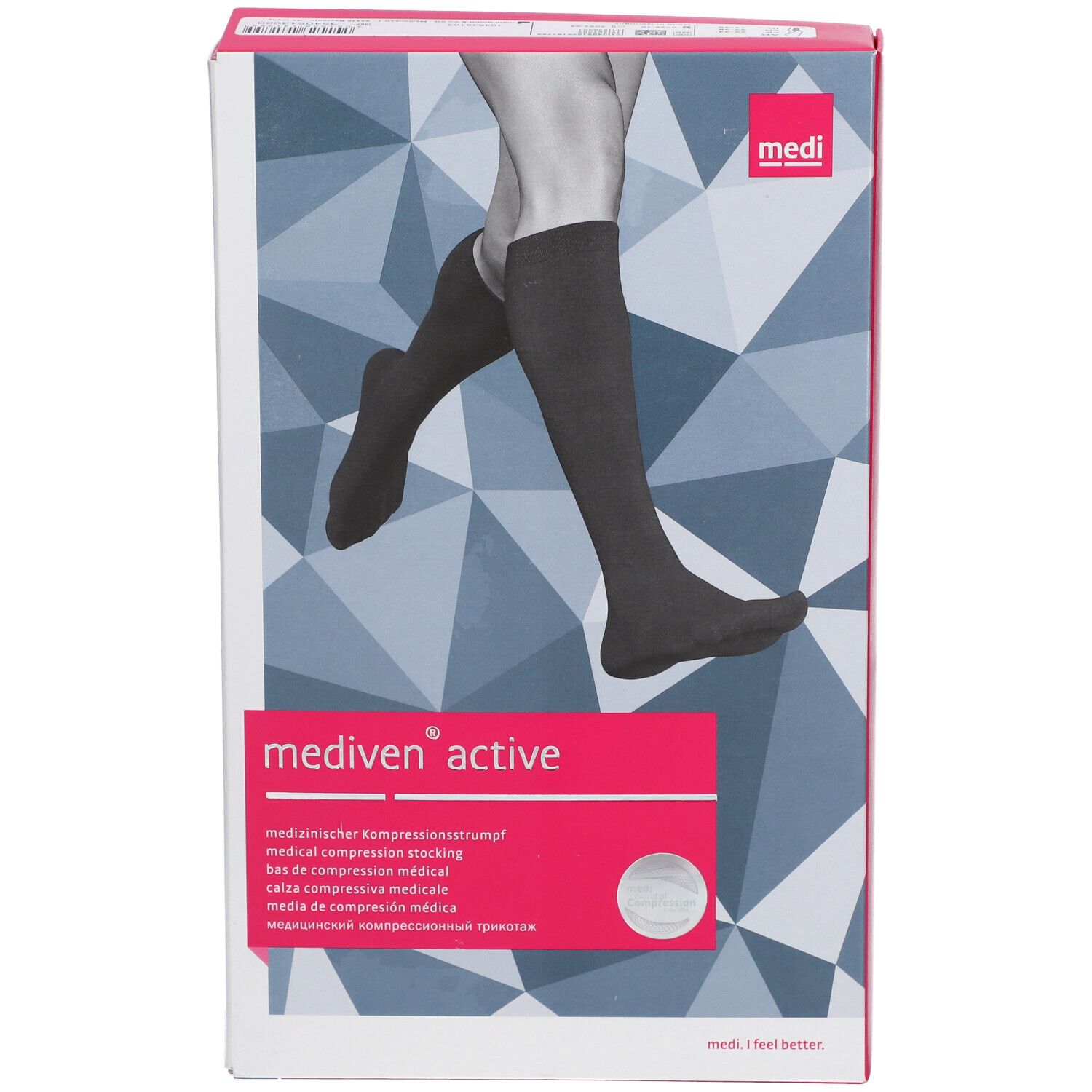Verpakking met compressiekousen. Opschrift: mediven active, been met kous. Roze accent. Meertalige productbeschrijving.
