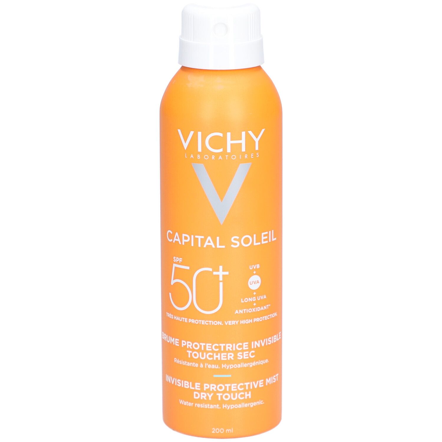 Oranje spuitfles met witte dop. Opschrift: VICHY CAPITAL SOLEIL SPF 50. Invisible Protective Mist.