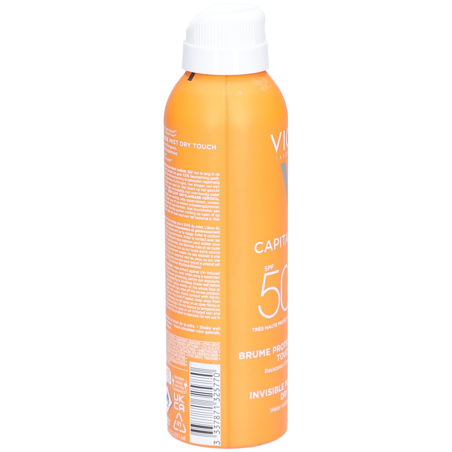 Achterkant van een oranje spuitfles met witte dop. Meertalige tekst. Bevat waarschuwingen en recyclagesymbolen.