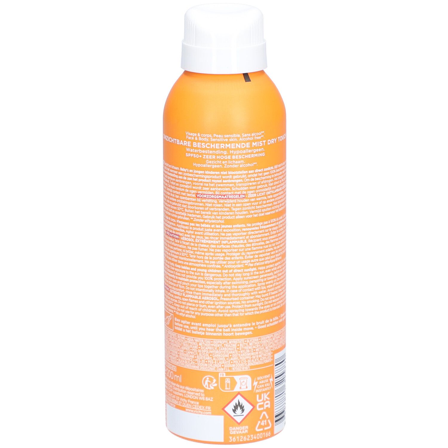 Oranje spuitfles met witte dop. Opschrift: VICHY CAPITAL SOLEIL SPF 50. Invisible Protective Mist.