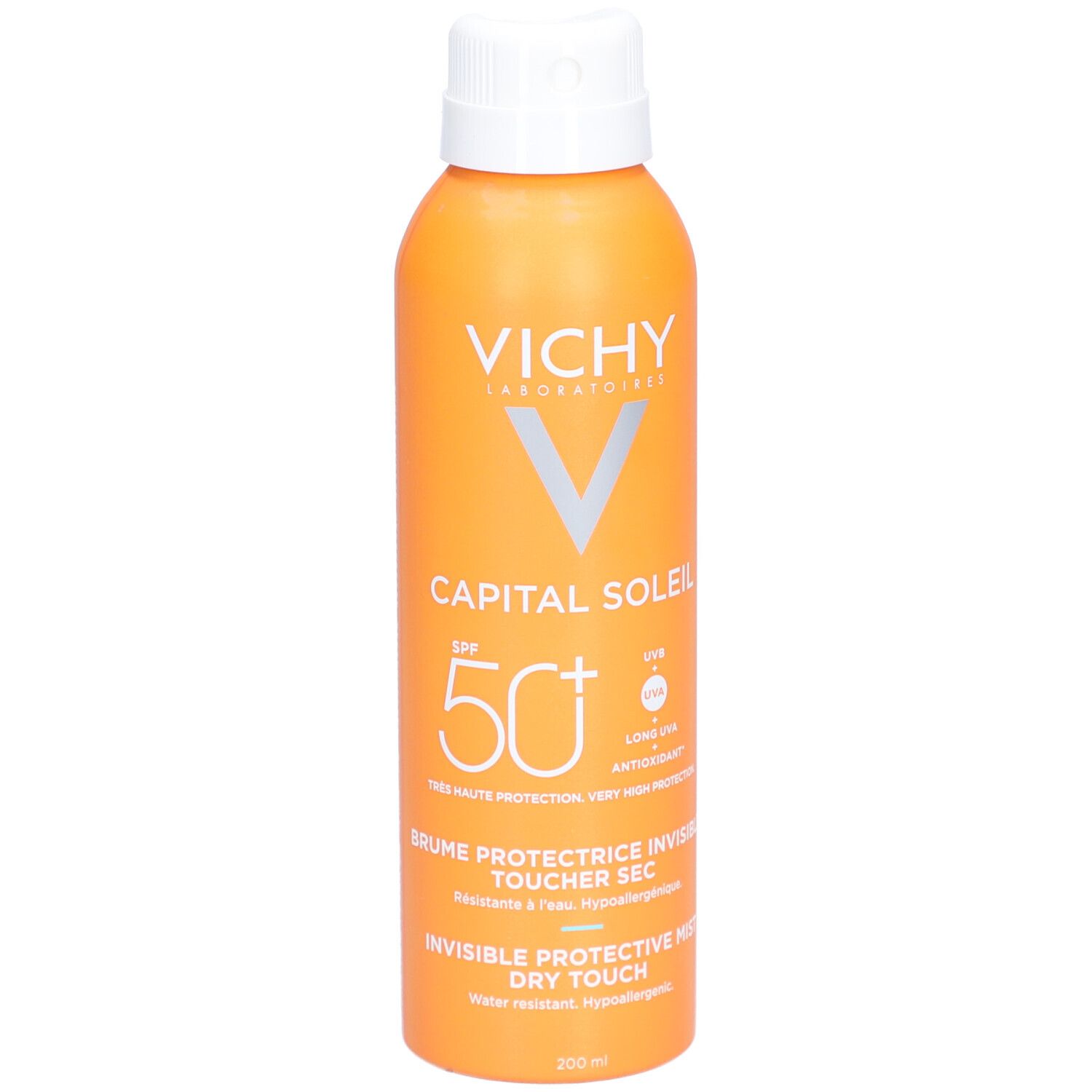 Oranje spuitfles met witte dop. Opschrift: VICHY CAPITAL SOLEIL SPF 50. Invisible Protective Mist.