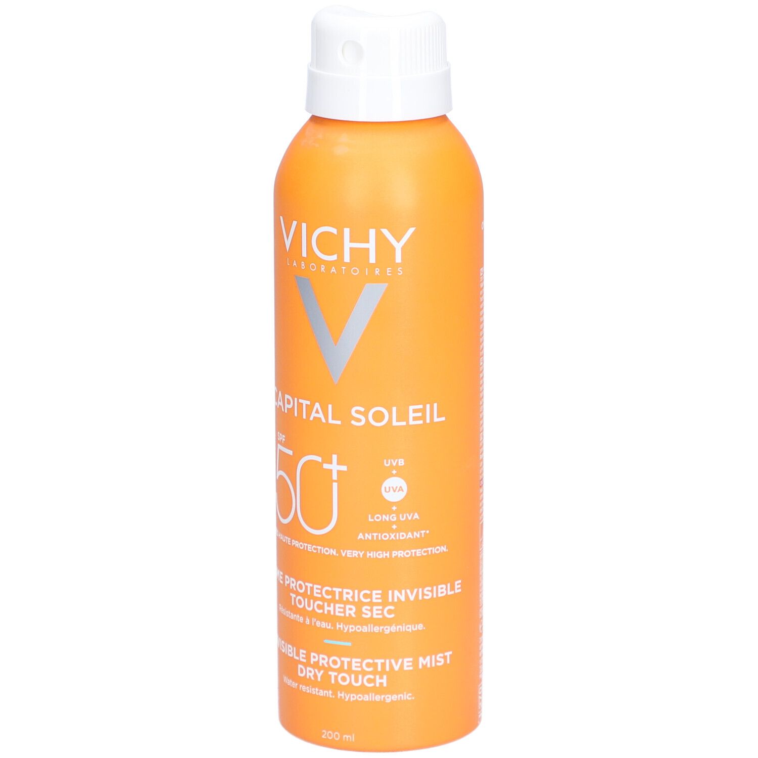 Oranje spuitfles met witte dop. Opschrift: VICHY CAPITAL SOLEIL SPF 50. Invisible Protective Mist.