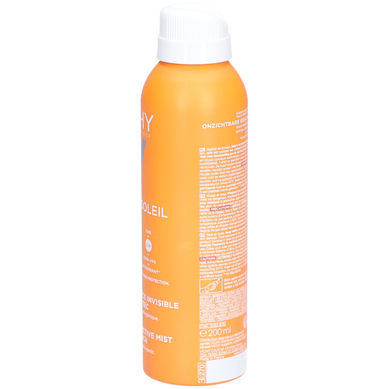 Achterkant van een oranje spuitfles met witte dop. Meertalige tekst. Bevat waarschuwingen en recyclagesymbolen.