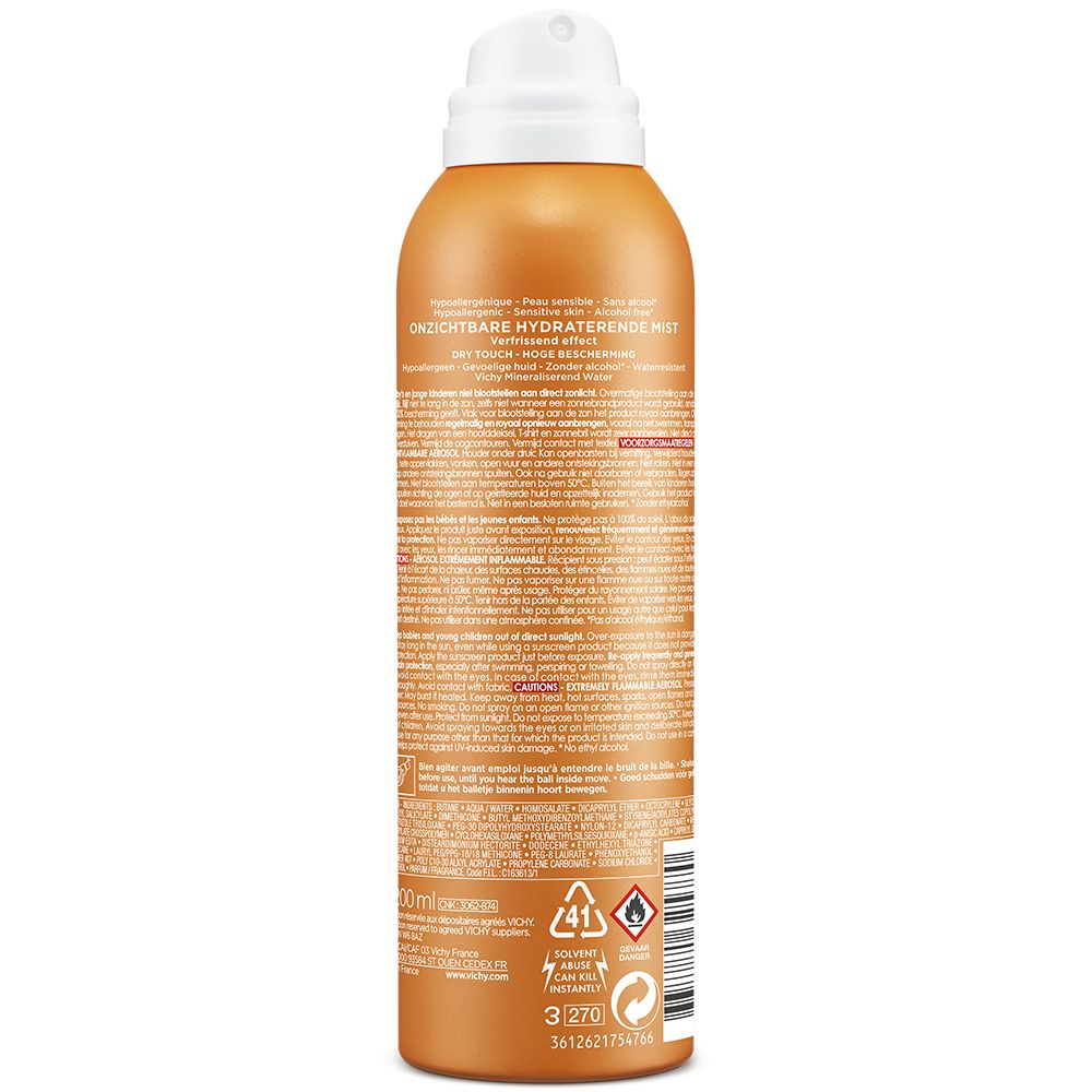 Achterkant van een oranje spuitfles met witte dop. Meertalige tekst. Bevat waarschuwingen en recyclagesymbolen.