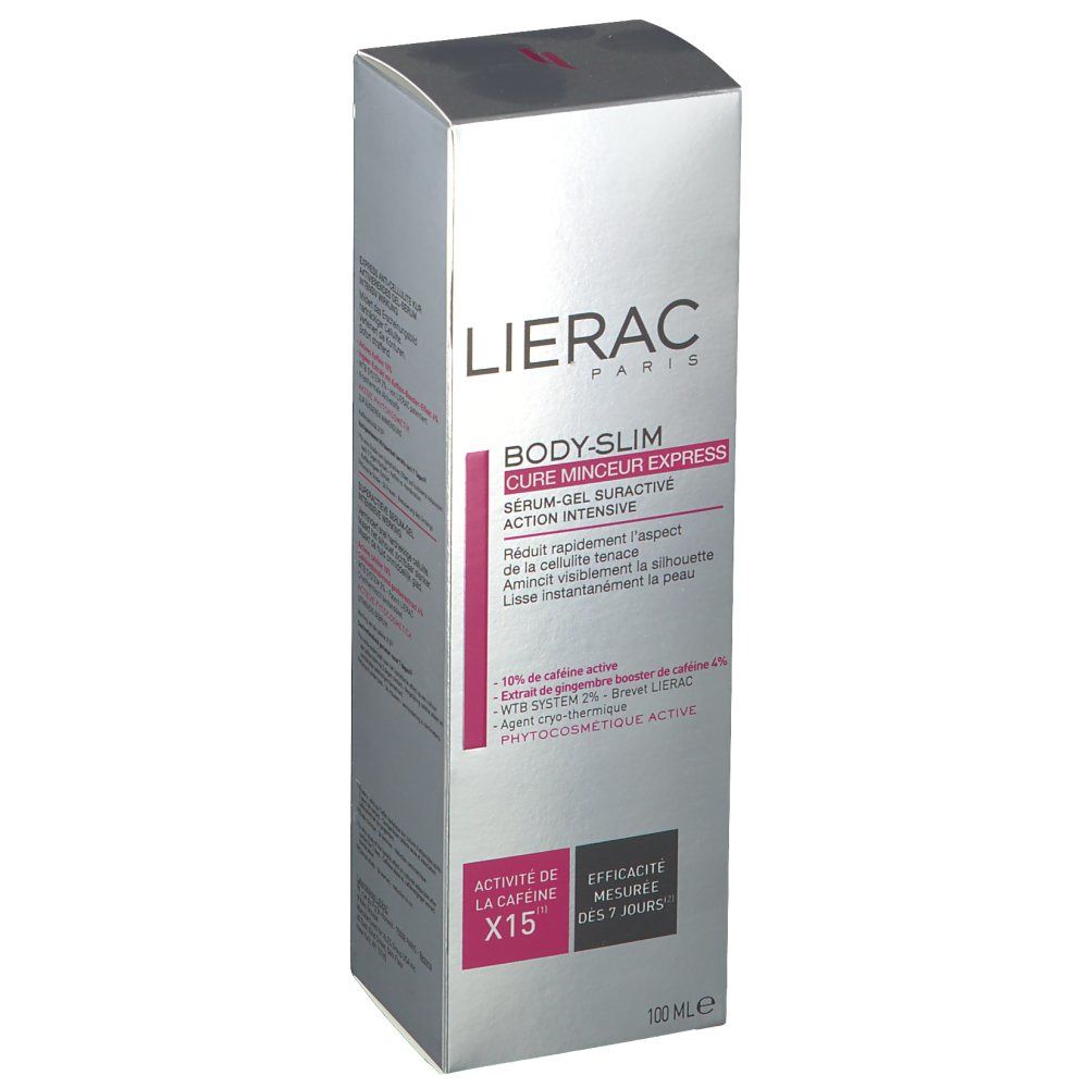 Emballage argenté avec accents roses. Inscription "LIERAC PARIS" et "BODY-SLIM". Texte en français. "100 ml" visible.