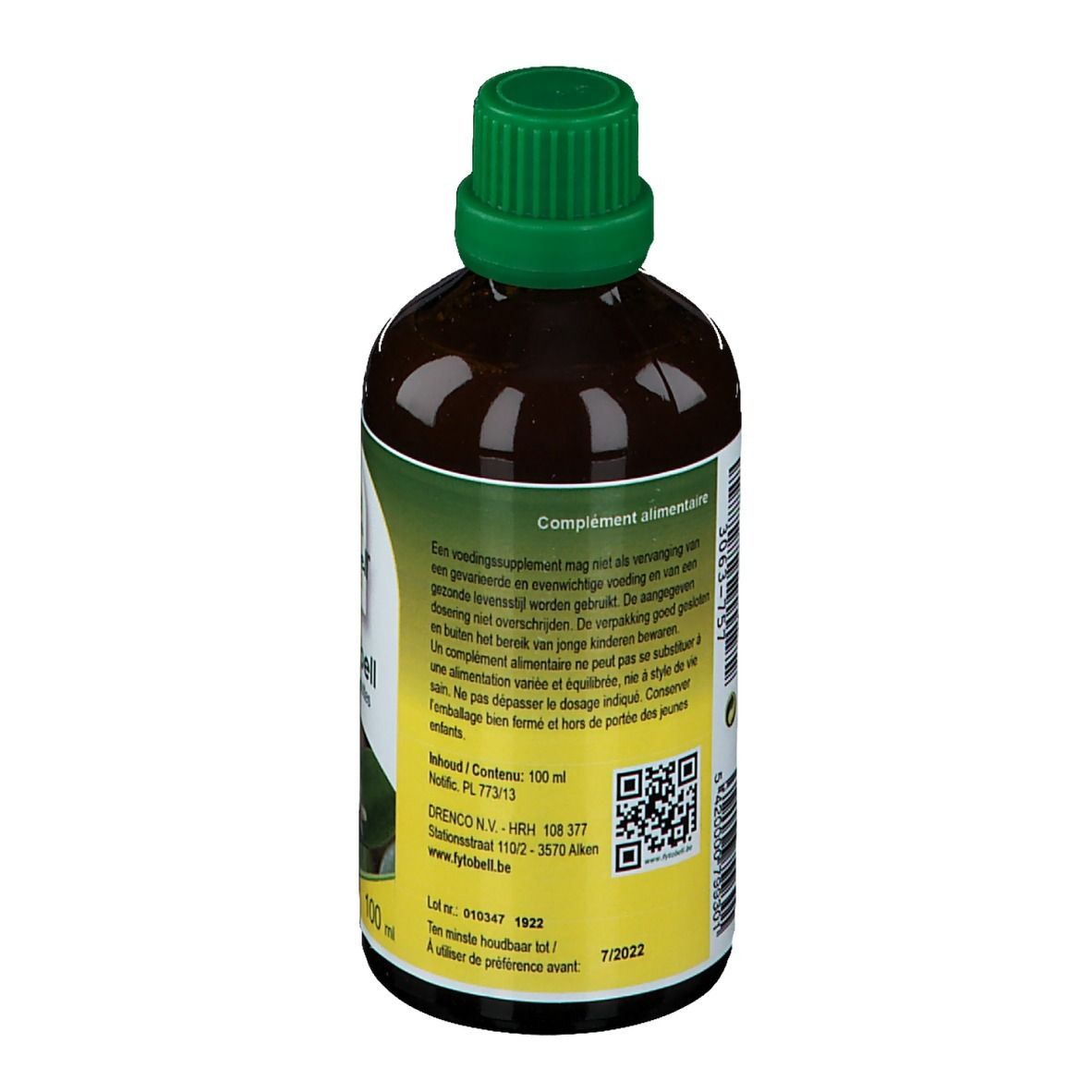 Dos d'une bouteille marron avec bouchon vert. Étiquette avec texte et code QR.
