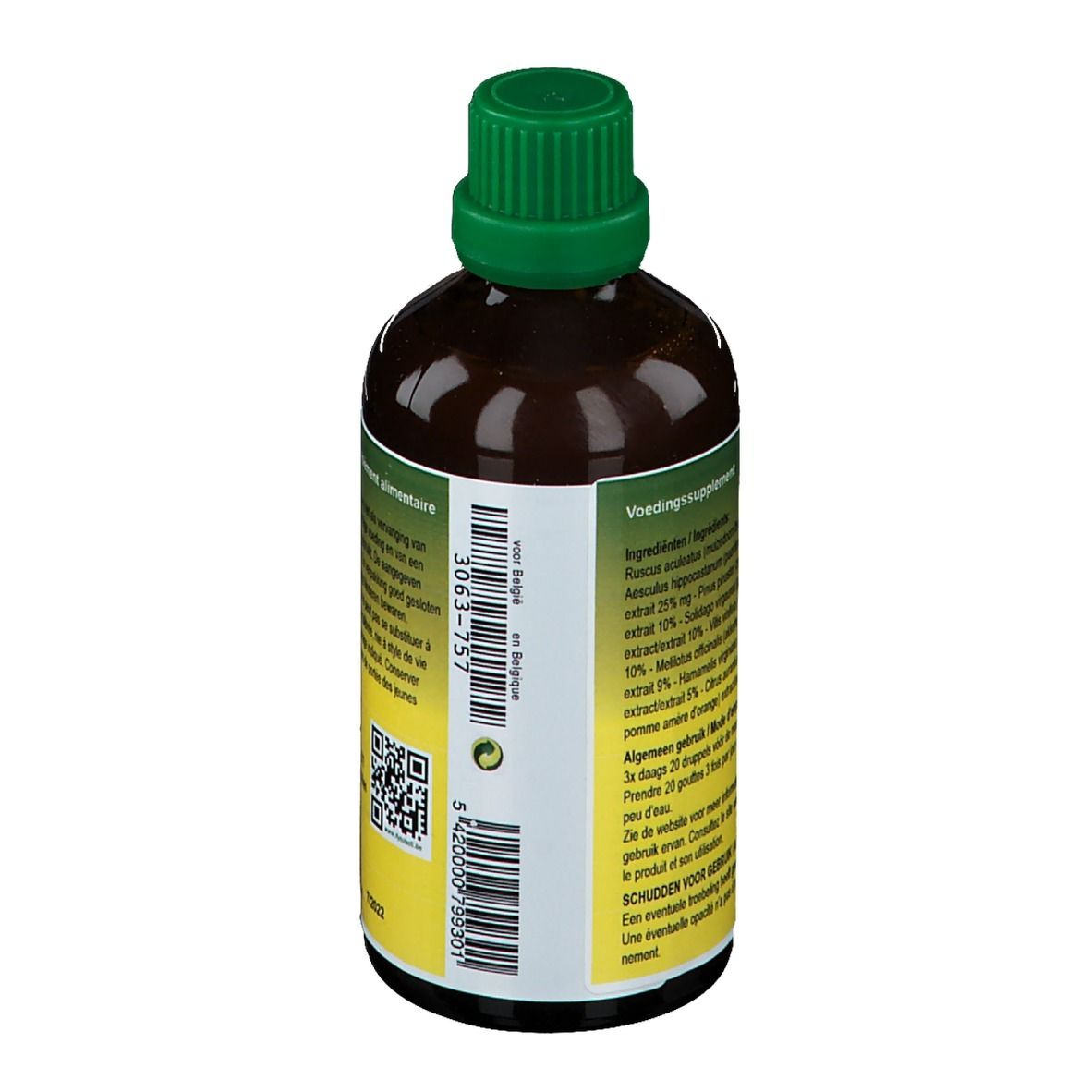 Dos d'une bouteille marron avec bouchon vert. Étiquette avec ingrédients et code QR.