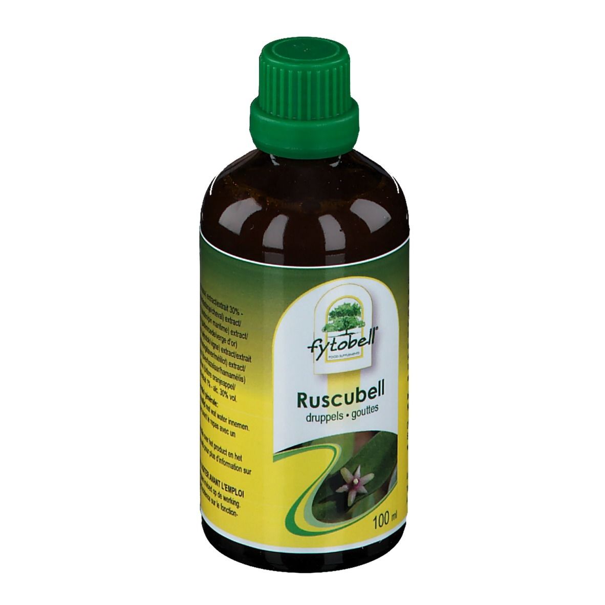 Bouteille marron avec bouchon vert. Étiquette avec nom du produit, logo et 100 ml.