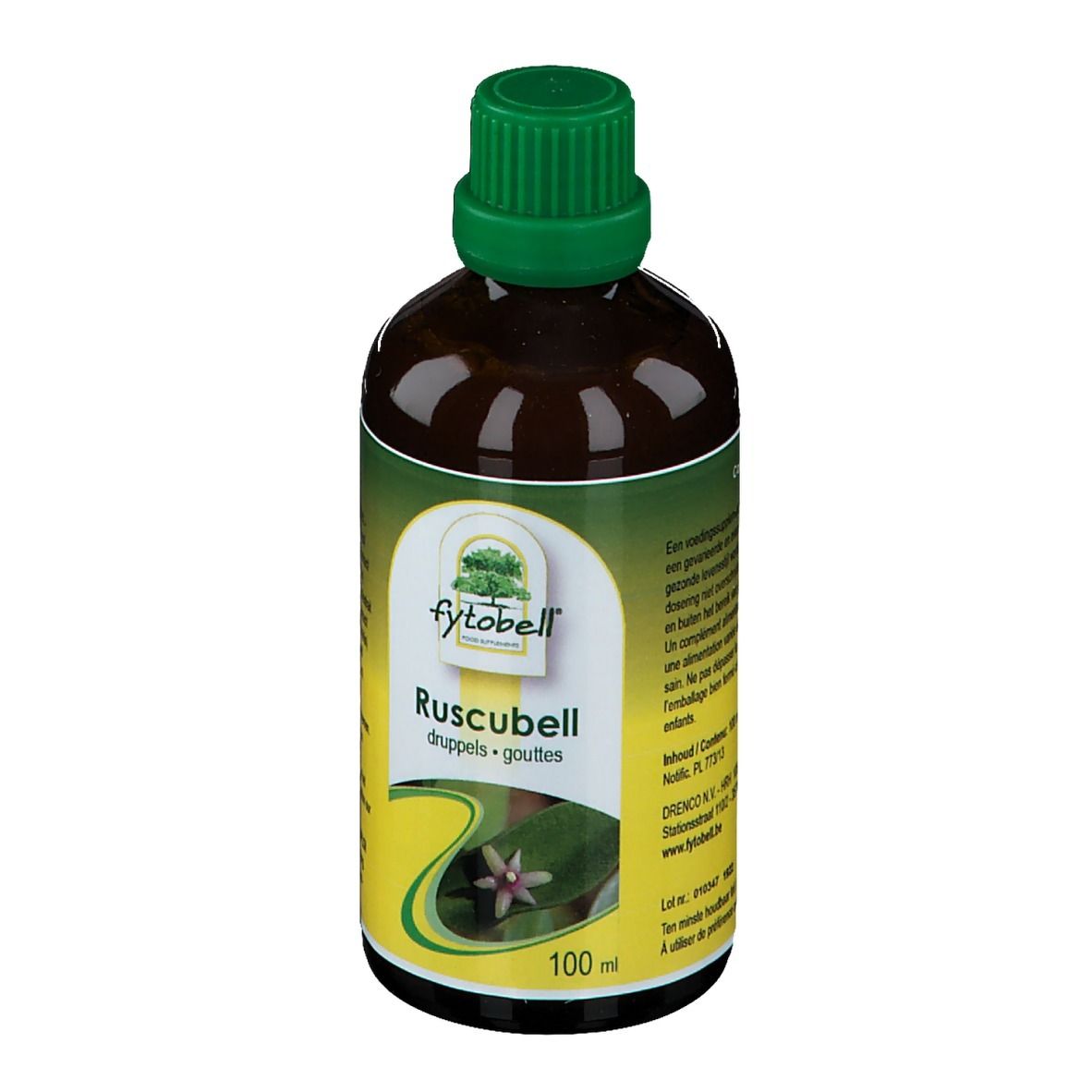 Bouteille marron avec bouchon vert. Étiquette avec nom du produit, logo et 100 ml.