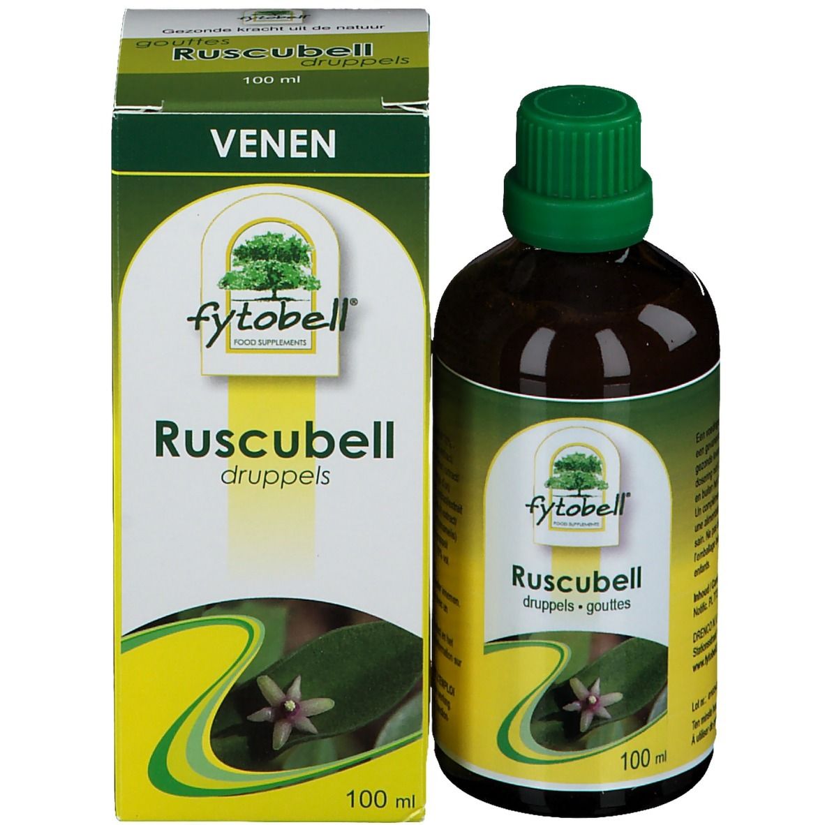 Bouteille et emballage du produit. Bouteille marron avec bouchon vert. Emballage avec logo.