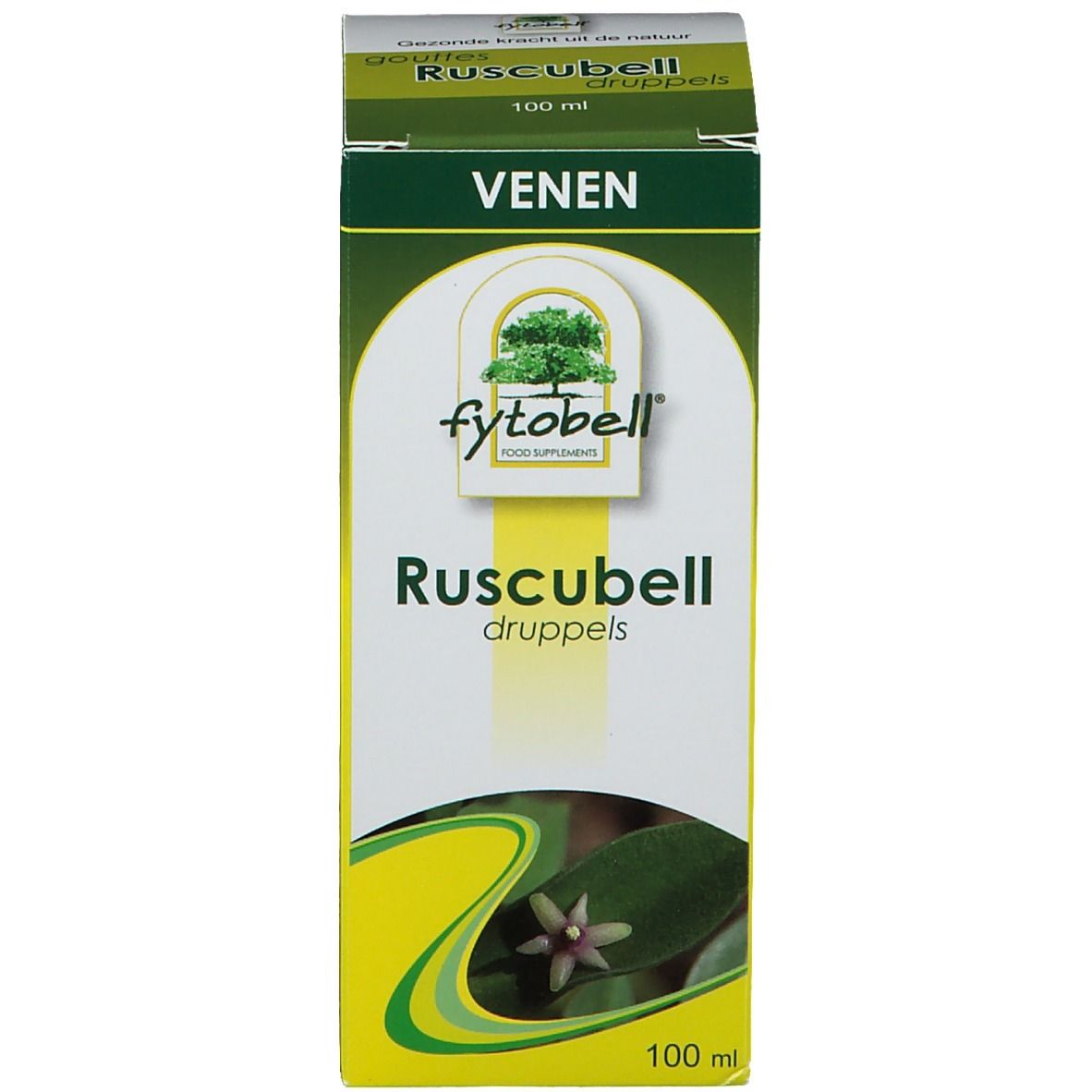 Emballage avec nom du produit, logo et 100 ml. Design vert et blanc.
