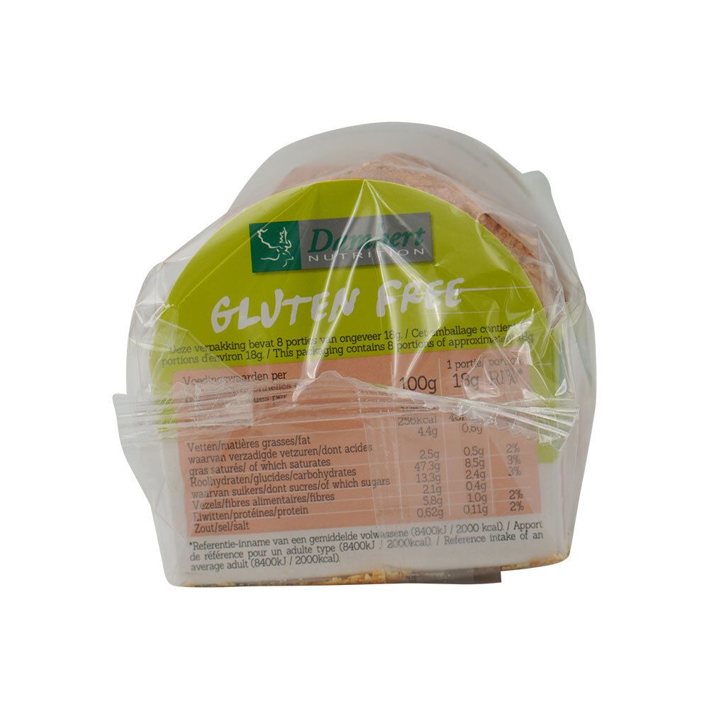 Verpakking glutenvrije beschuiten. Achterkant met voedingswaarde. Opschrift 'Gluten Free'. Merk Damhert.